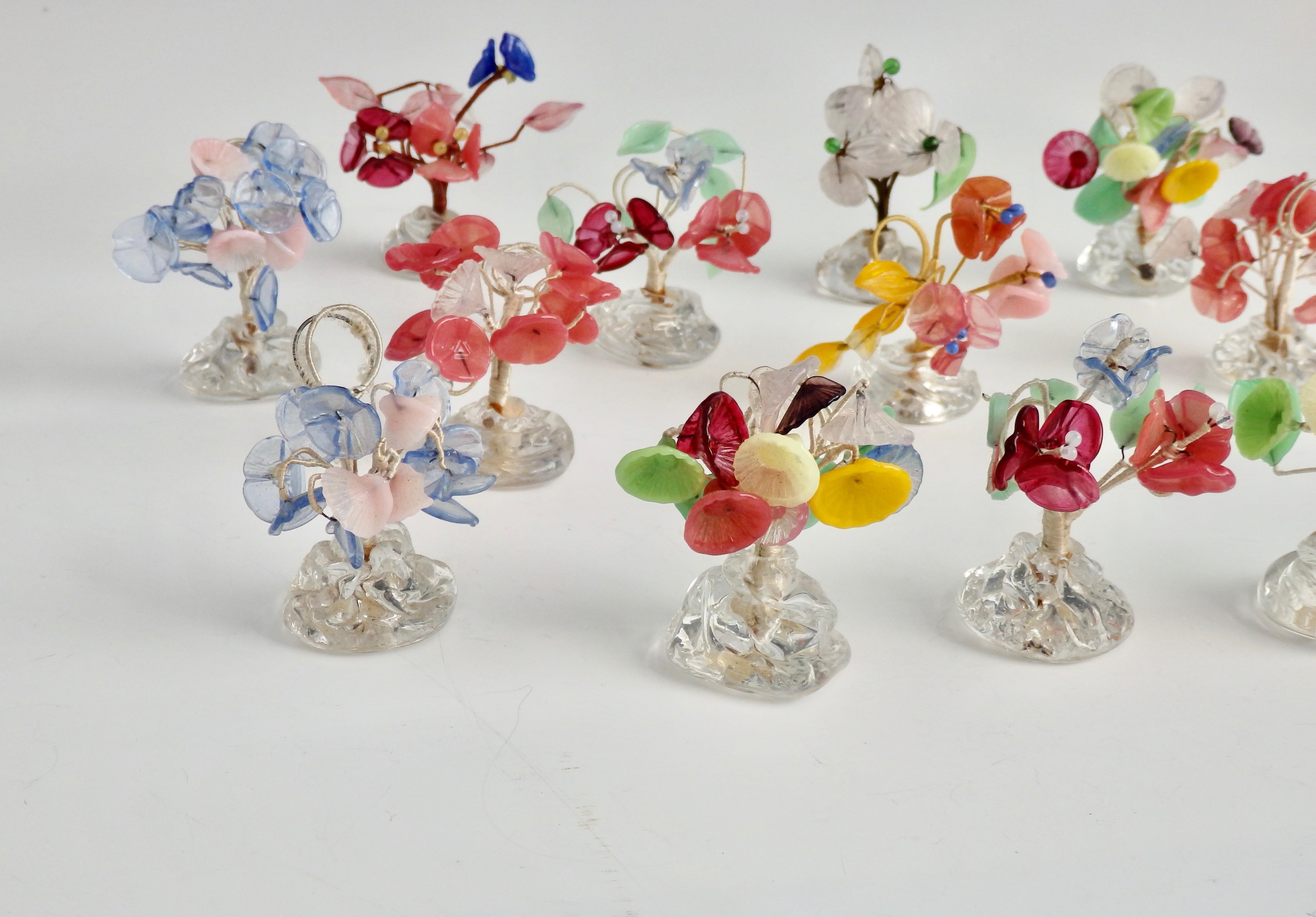 American Classical Twelve Bouquet of Colorful Glass Flowers Place Card Holders in Glass Base
