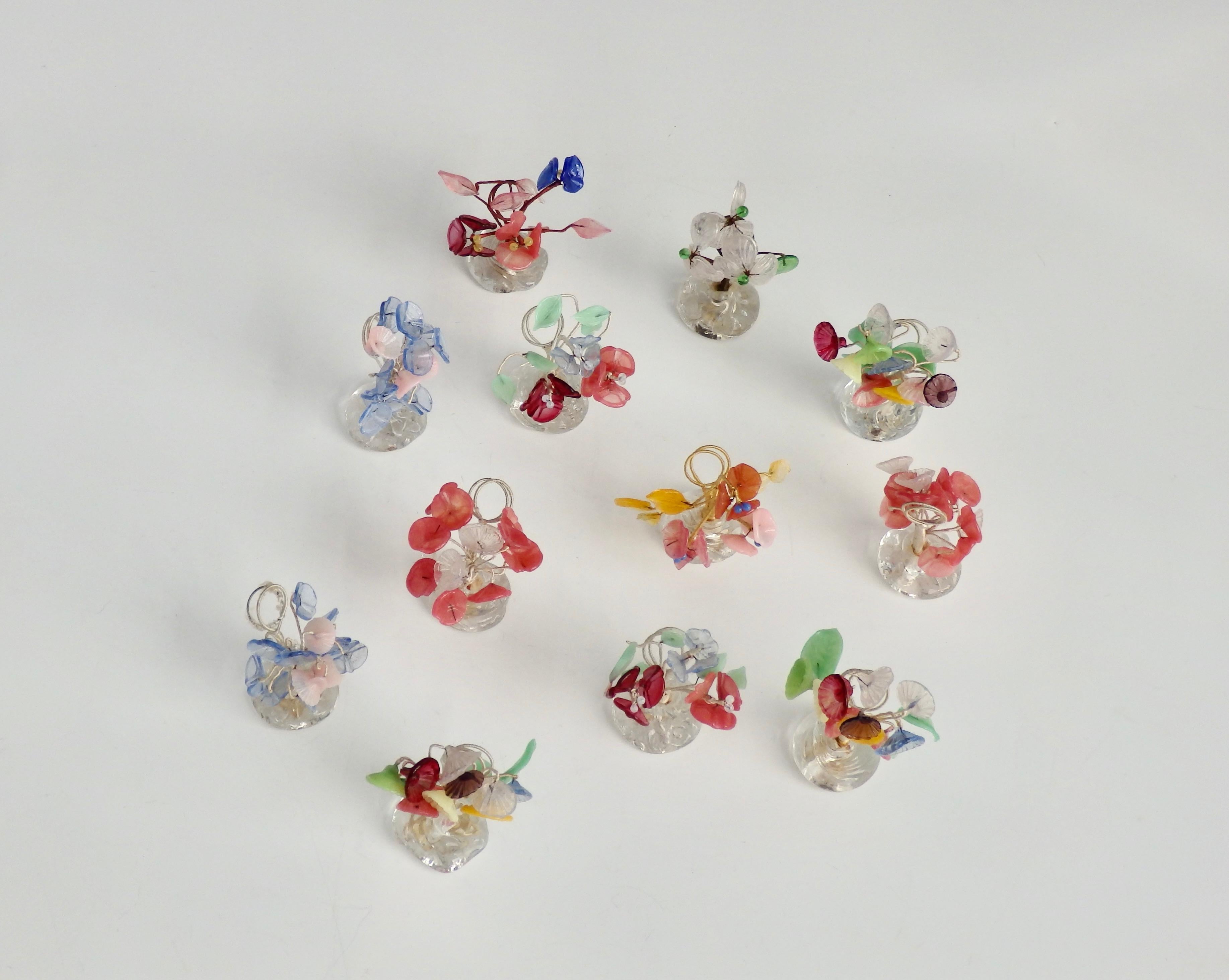 Austrian Twelve Bouquet of Colorful Glass Flowers Place Card Holders in Glass Base
