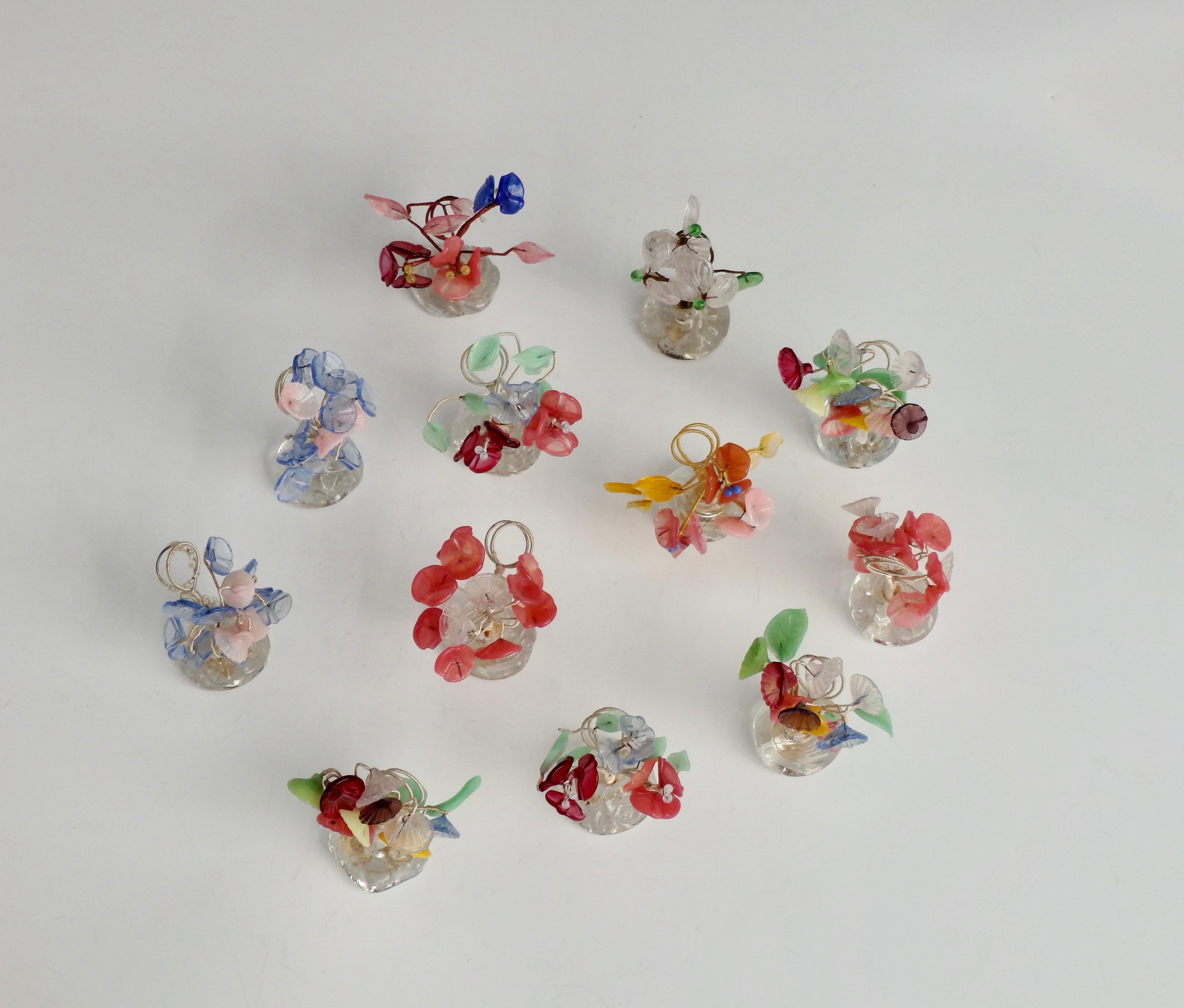 Hand-Crafted Twelve Bouquet of Colorful Glass Flowers Place Card Holders in Glass Base