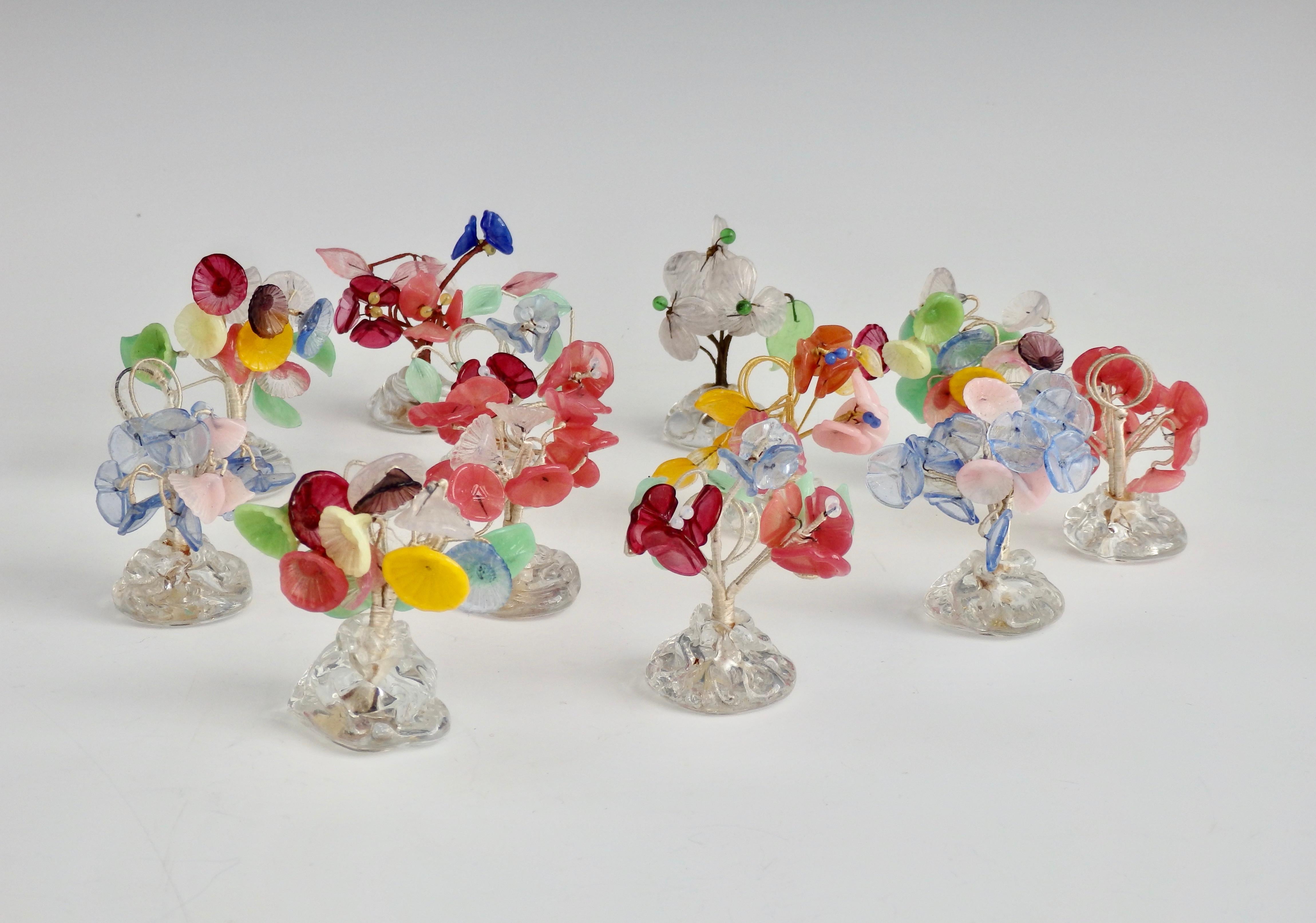Twelve Bouquet of Colorful Glass Flowers Place Card Holders in Glass Base In Good Condition In Ferndale, MI
