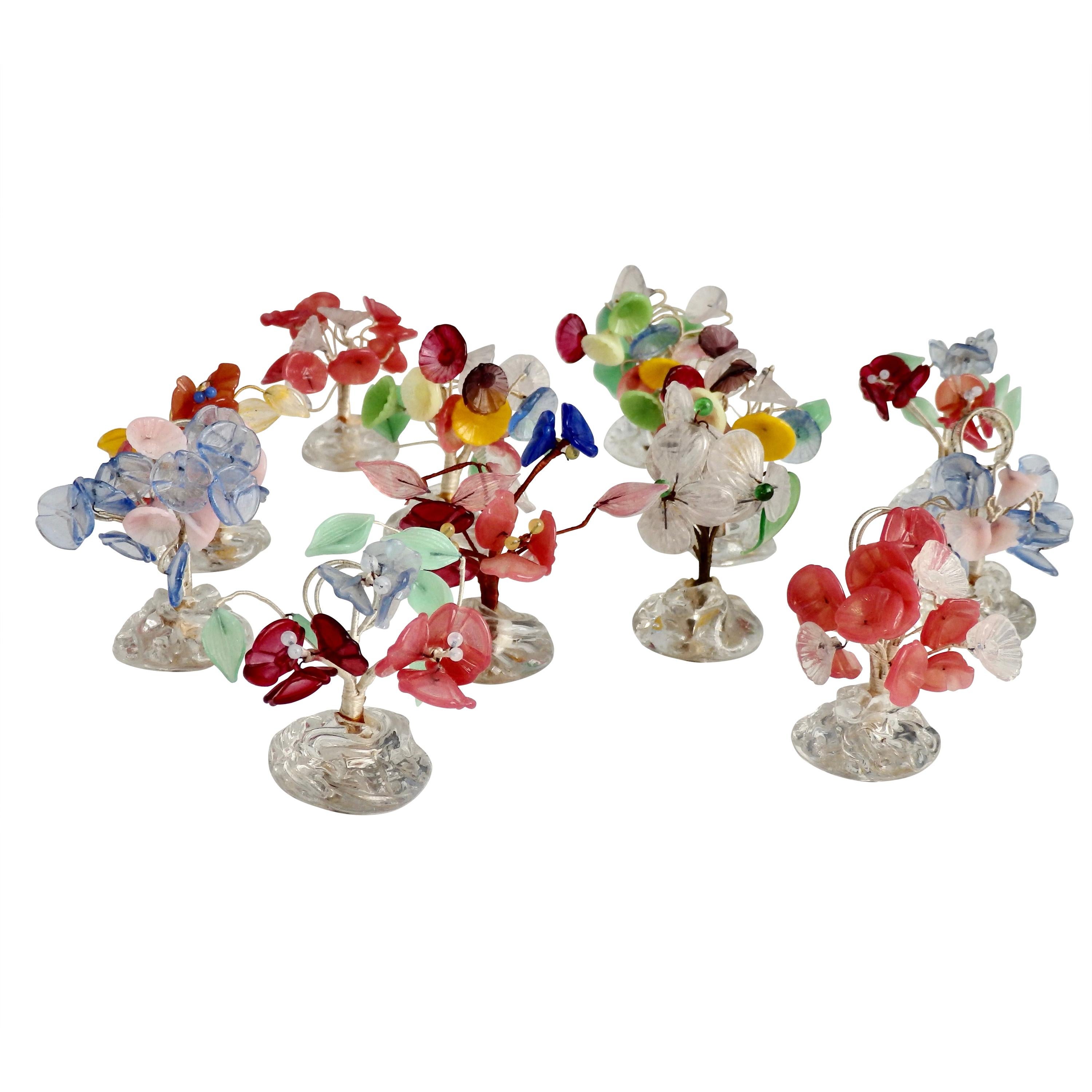 Twelve Bouquet of Colorful Glass Flowers Place Card Holders in Glass Base