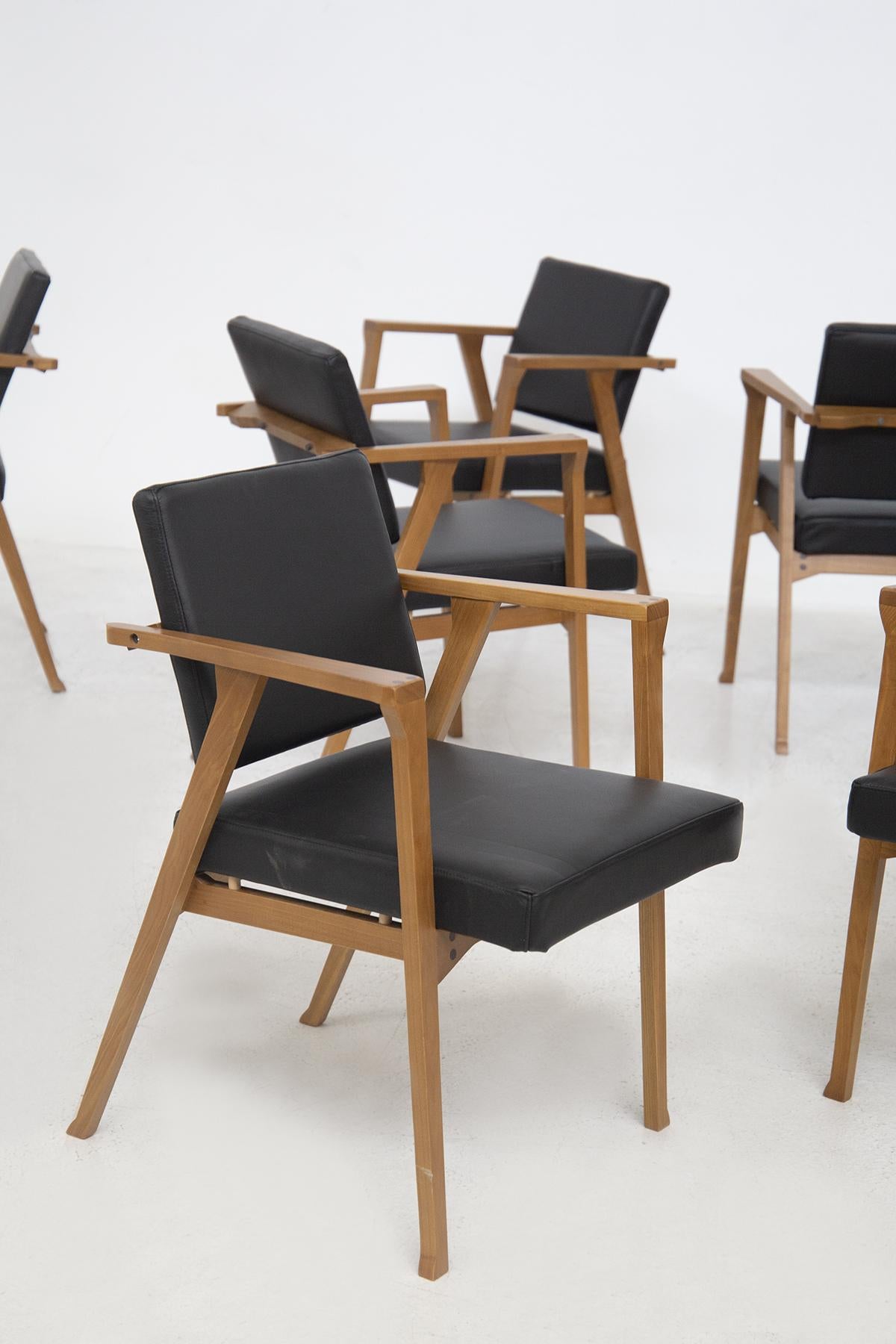 Italian Twelve Chairs Attr. to Franco Albini in Wood and Leather For Sale