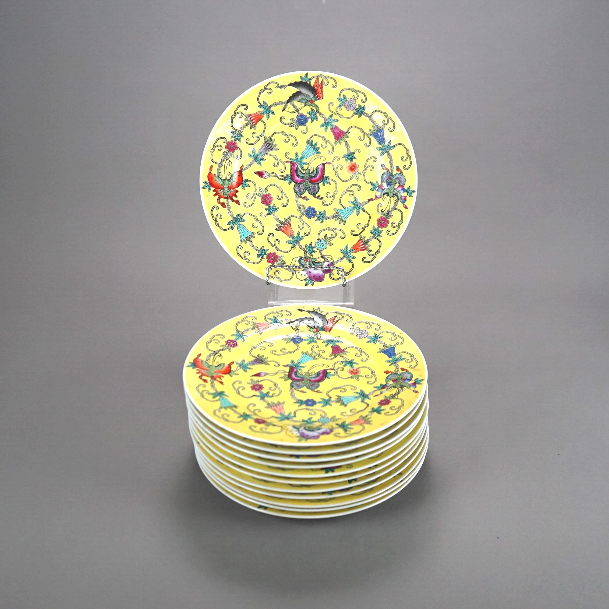 Twelve Chinese Yellow Enameled Plated with Garden Floral & Butterfly Design

Measures -- 3/4