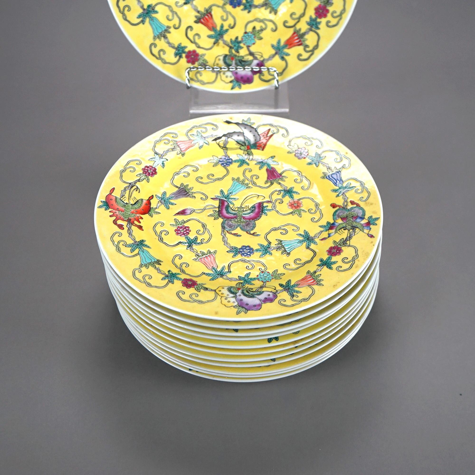 Asian Twelve Chinese Yellow Enameled Plated with Floral & Butterfly Design