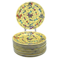 Twelve Chinese Yellow Enameled Plated with Floral & Butterfly Design