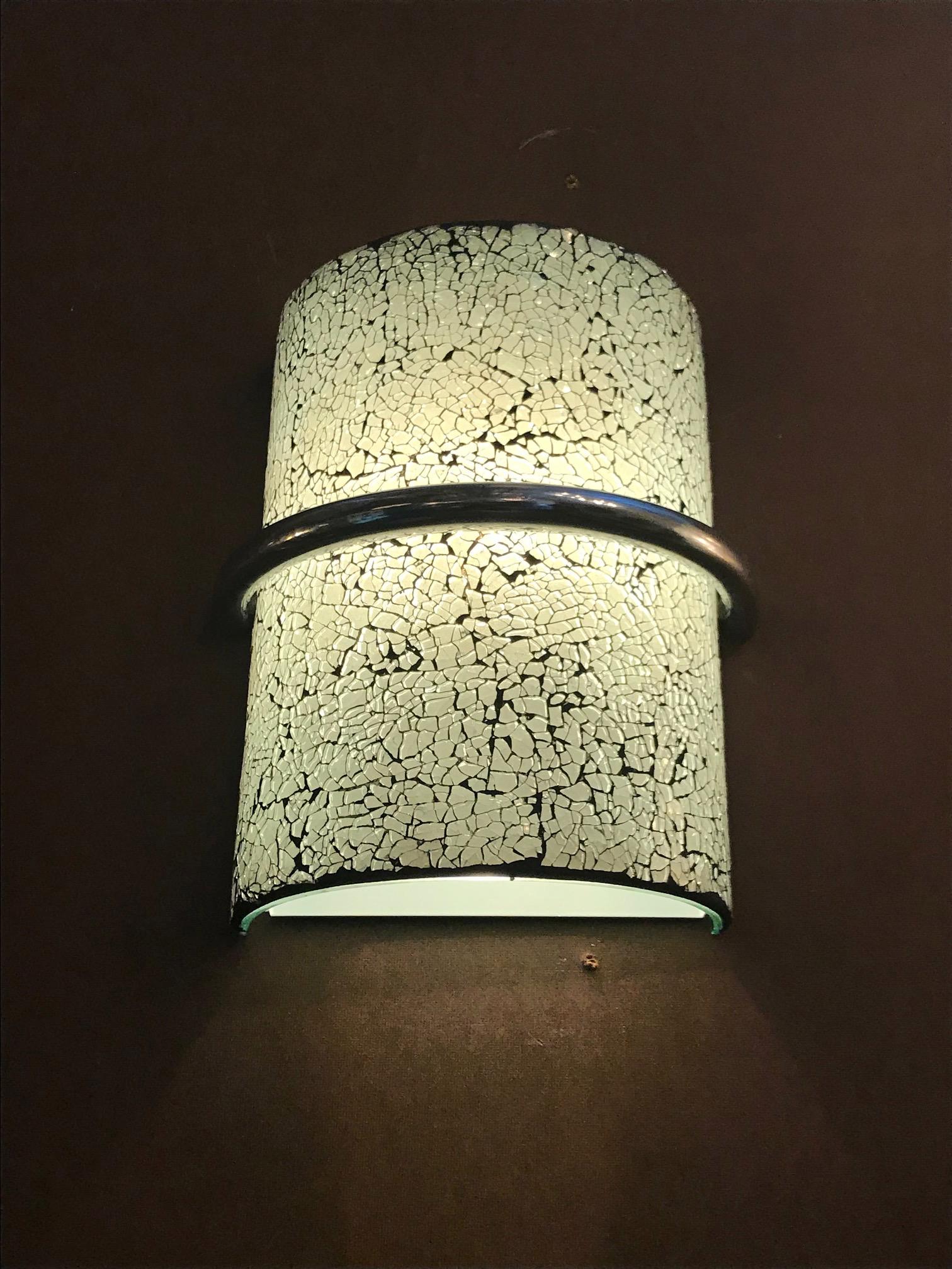 Limited edition stylish wall lights with beautiful crackled white glasses on chrome frames / Designed by Fabio Bergomi for Fabio Ltd 
1 light / E26 or E27 type / max 60W
Measures: Height 11 inches / width 9 inches / depth 5 inches 
12 in stock in