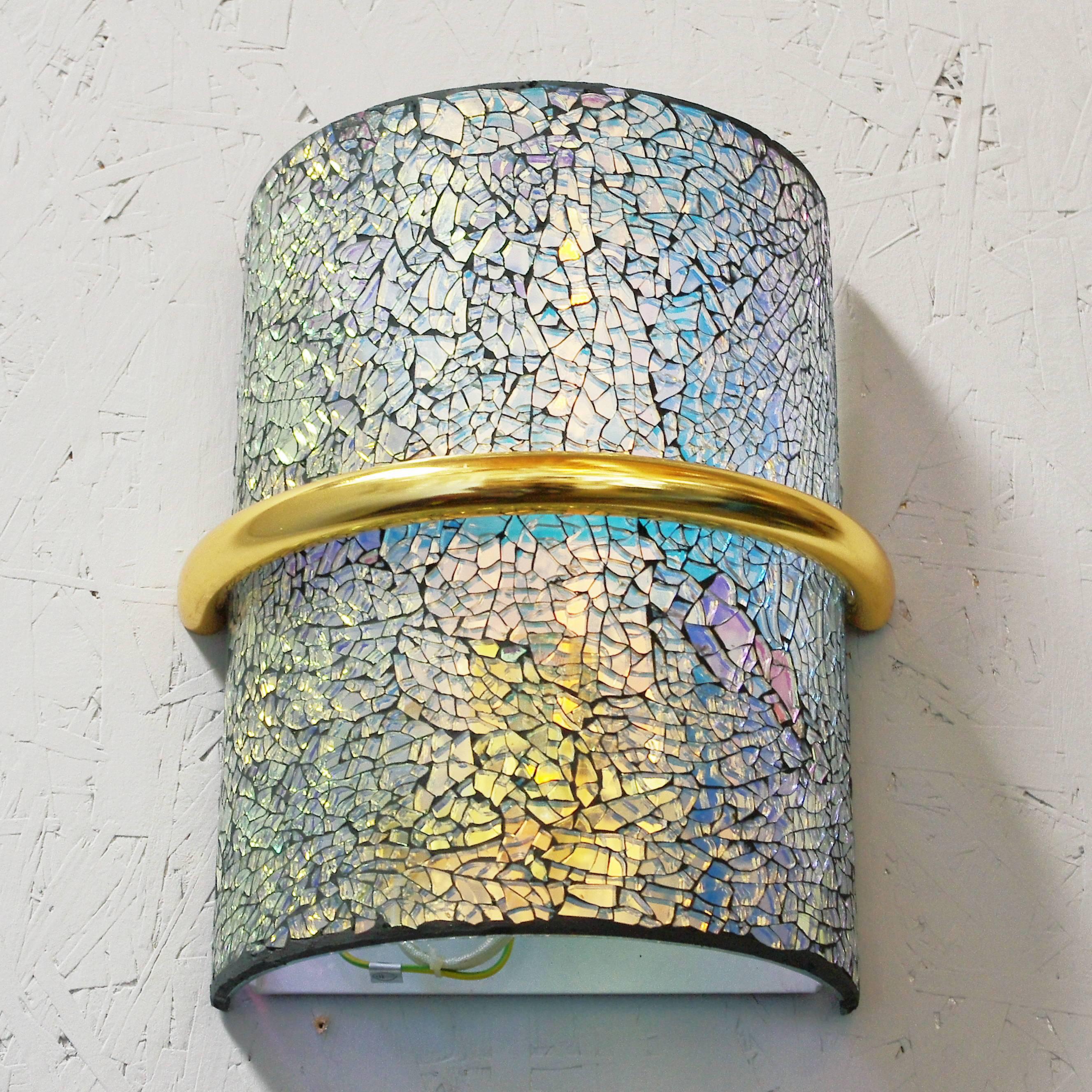 Limited edition stylish wall lights with beautiful crackled iridescent glasses on gold plated frames / Designed by Fabio Bergomi for Fabio Ltd
1 light / E26 or E27 type / max 60W
Measures: Height 11 inches, width 9 inches, depth 5 inches 
12 in