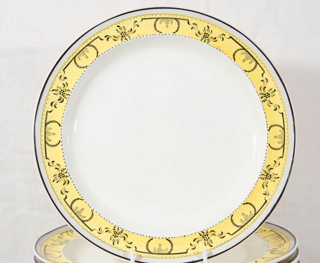 19th Century Twelve Creamware Dinner Plates with Yellow Neoclassical Borders Made circa 1800