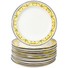 Antique Twelve Creamware Dinner Plates with Yellow Neoclassical Borders Made circa 1800