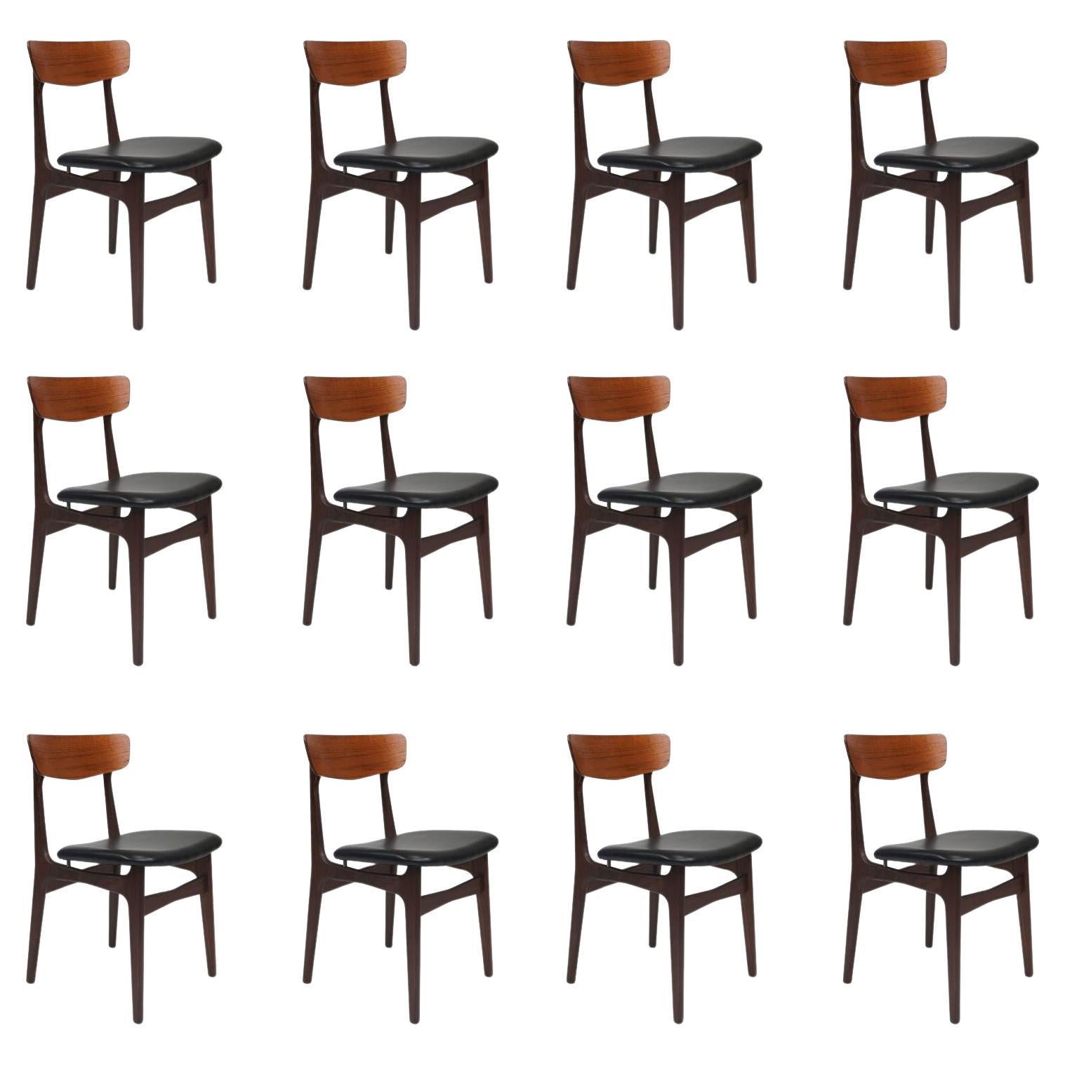Twelve Danish Teak Dining Chairs in Black Leather