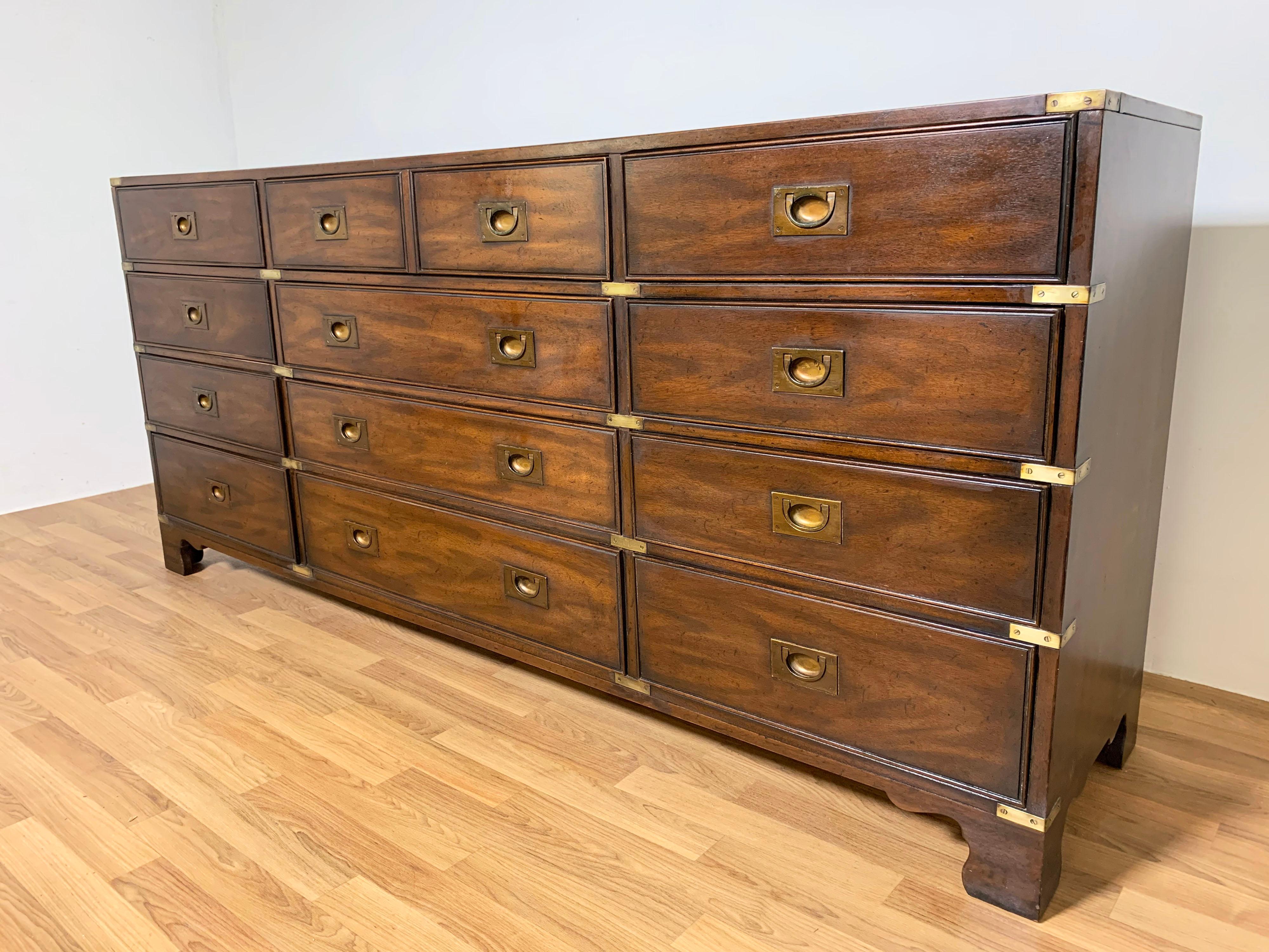 Twelve Drawer Heritage Henredon Campaign Style Dresser, Circa 1960s In Good Condition In Peabody, MA