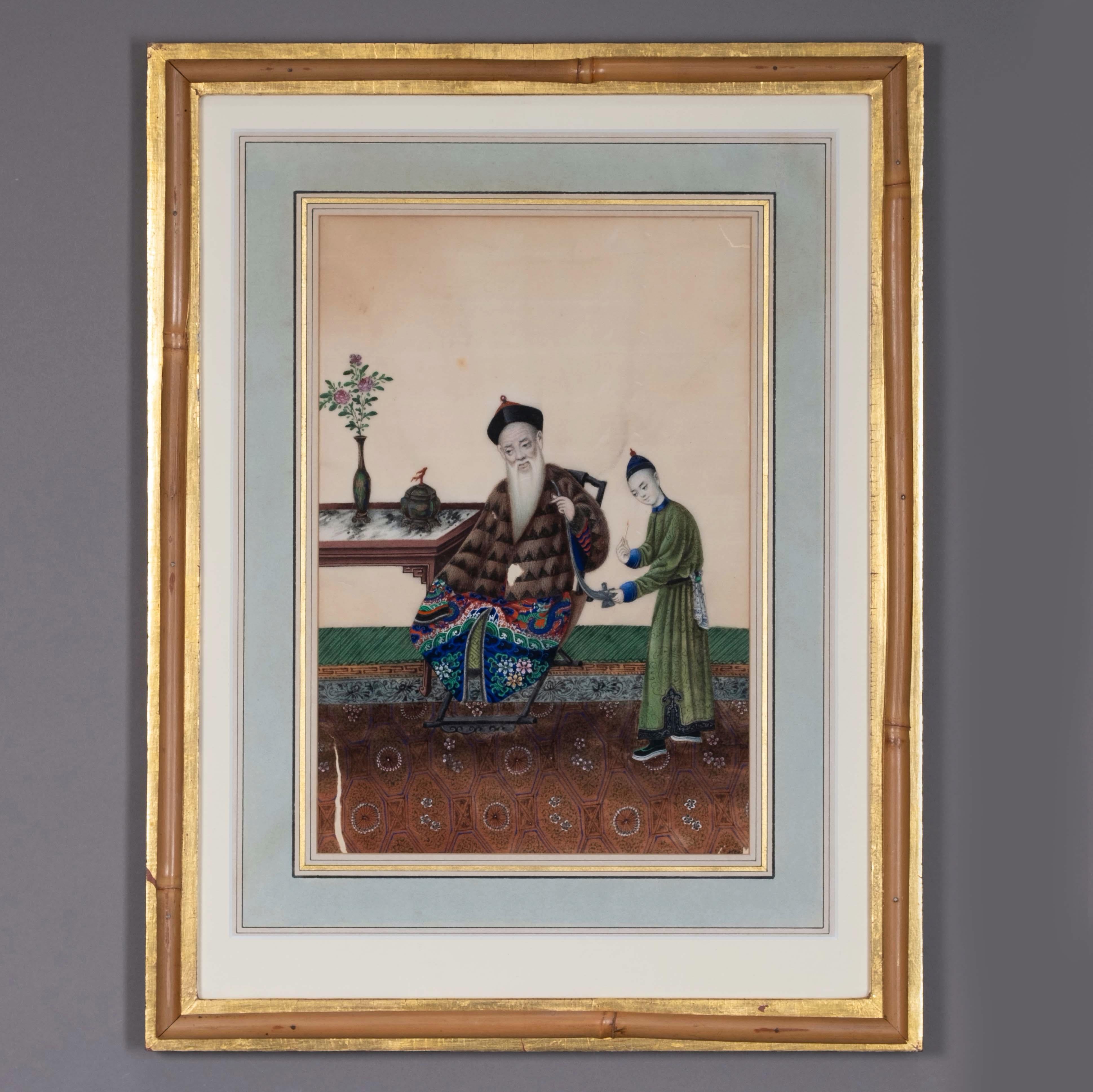 A very fine group of twelve early 19th century Chinese Export rice paper watercolors, each depicting nobles of various ranks. Housed in bamboo mounted crackle gilt frames with watercolor wash mounts.

Dimensions listed refer to outer framed