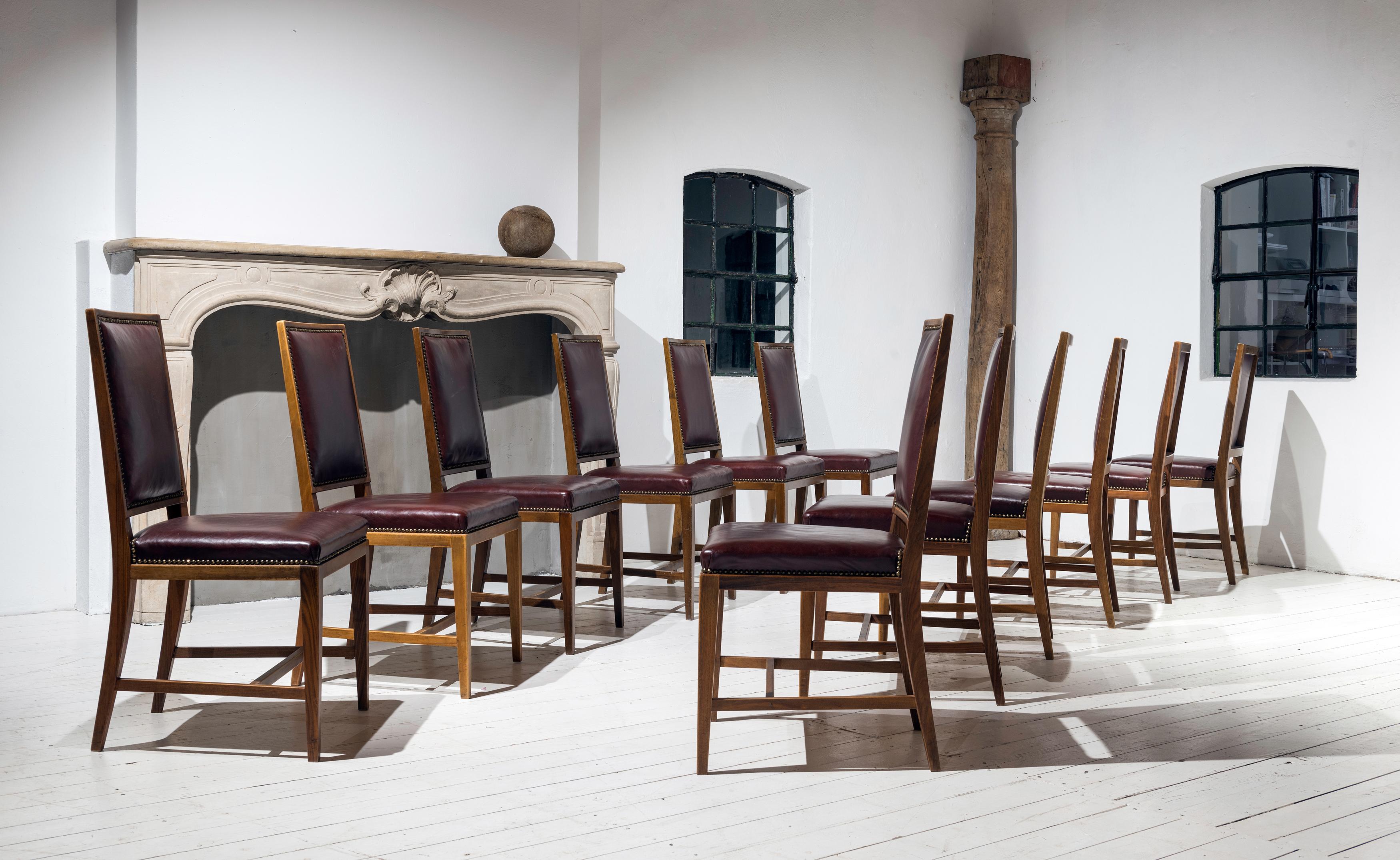 Twelve Elegant Mahogany and Leather Dining Chairs Inspired by Jean-Michel Frank 1