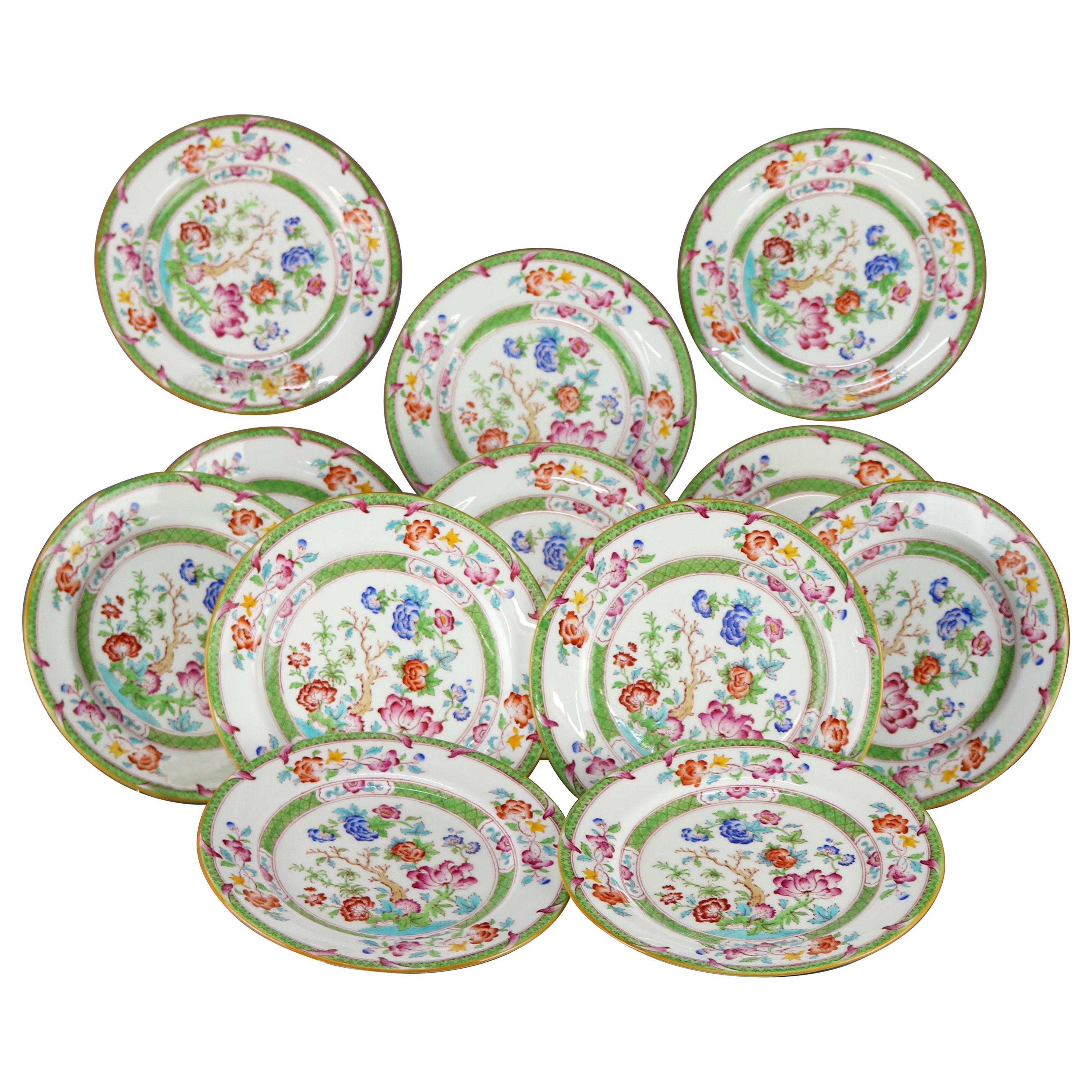 Twelve English Hand Painted Floral Salad Fine China Plates by Cauldon circa 1940