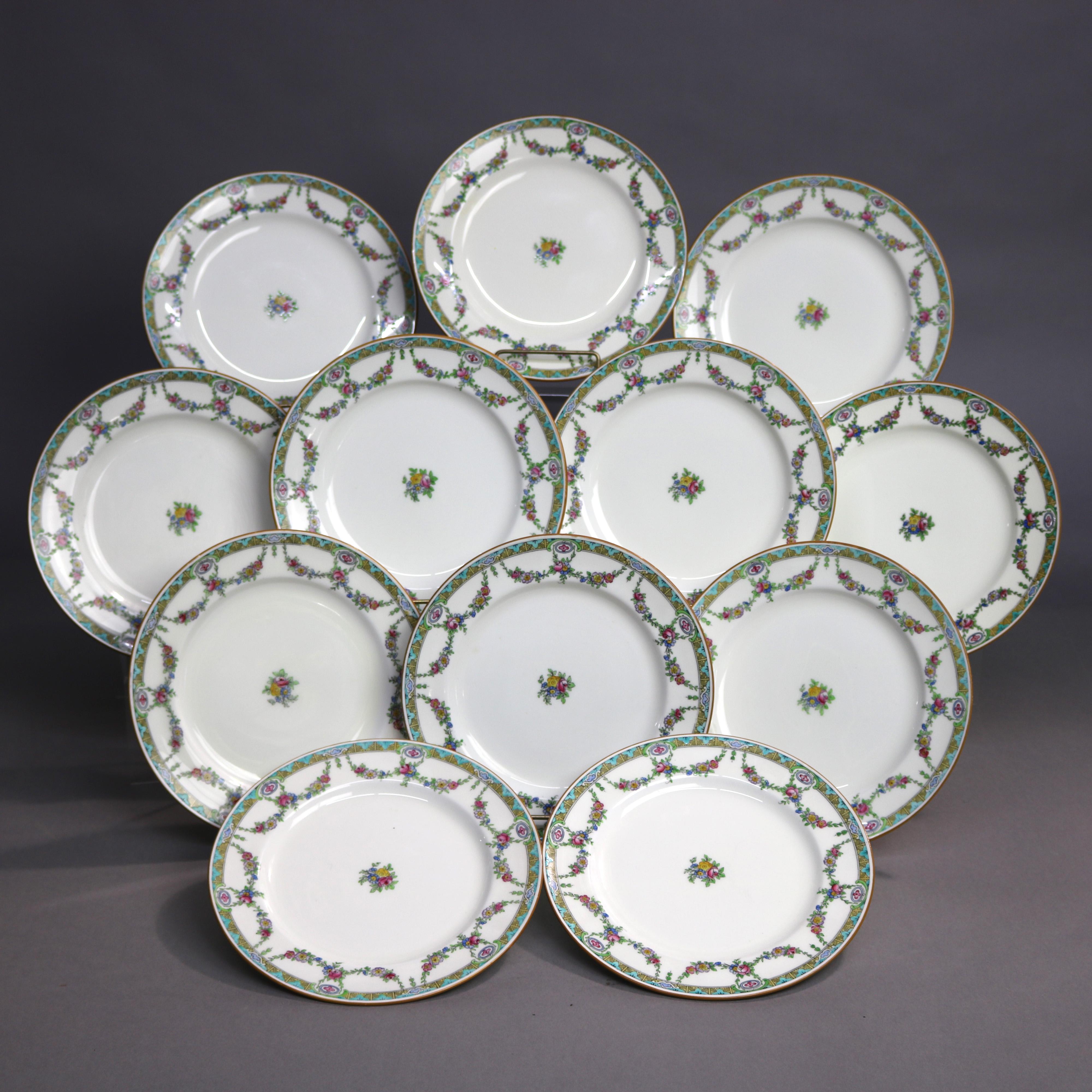Hand-Painted Twelve English Mintons Fine China Floral Garland Porcelain Salad Plates