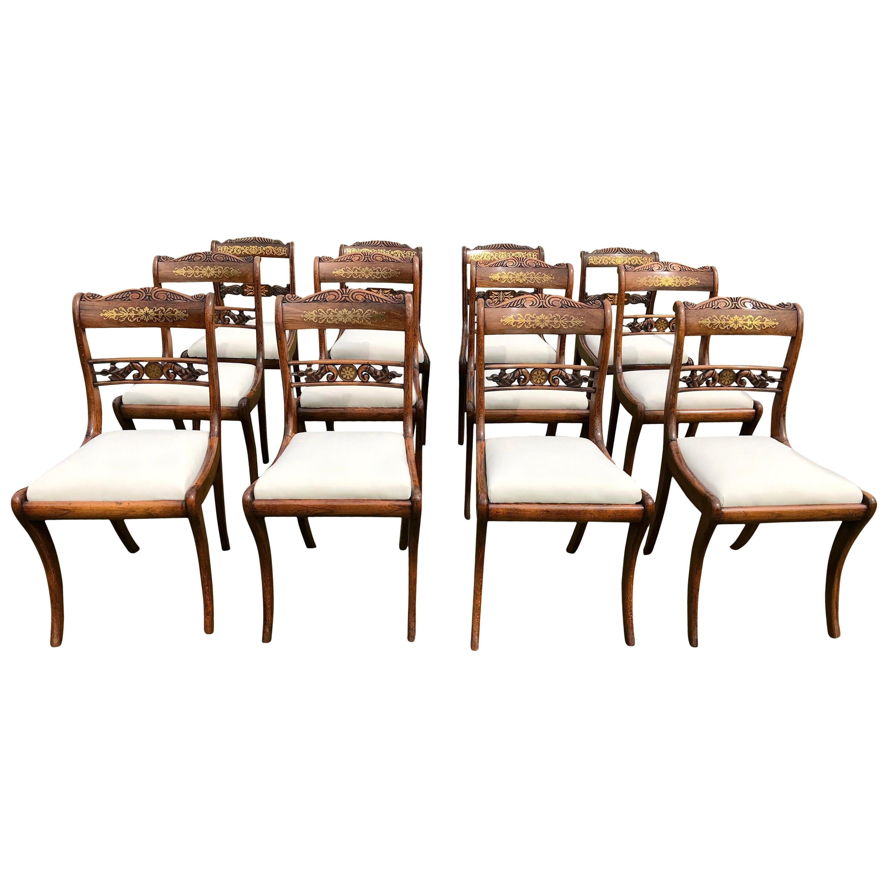 Twelve English Regency Period Brass Inlaid Dining Chairs