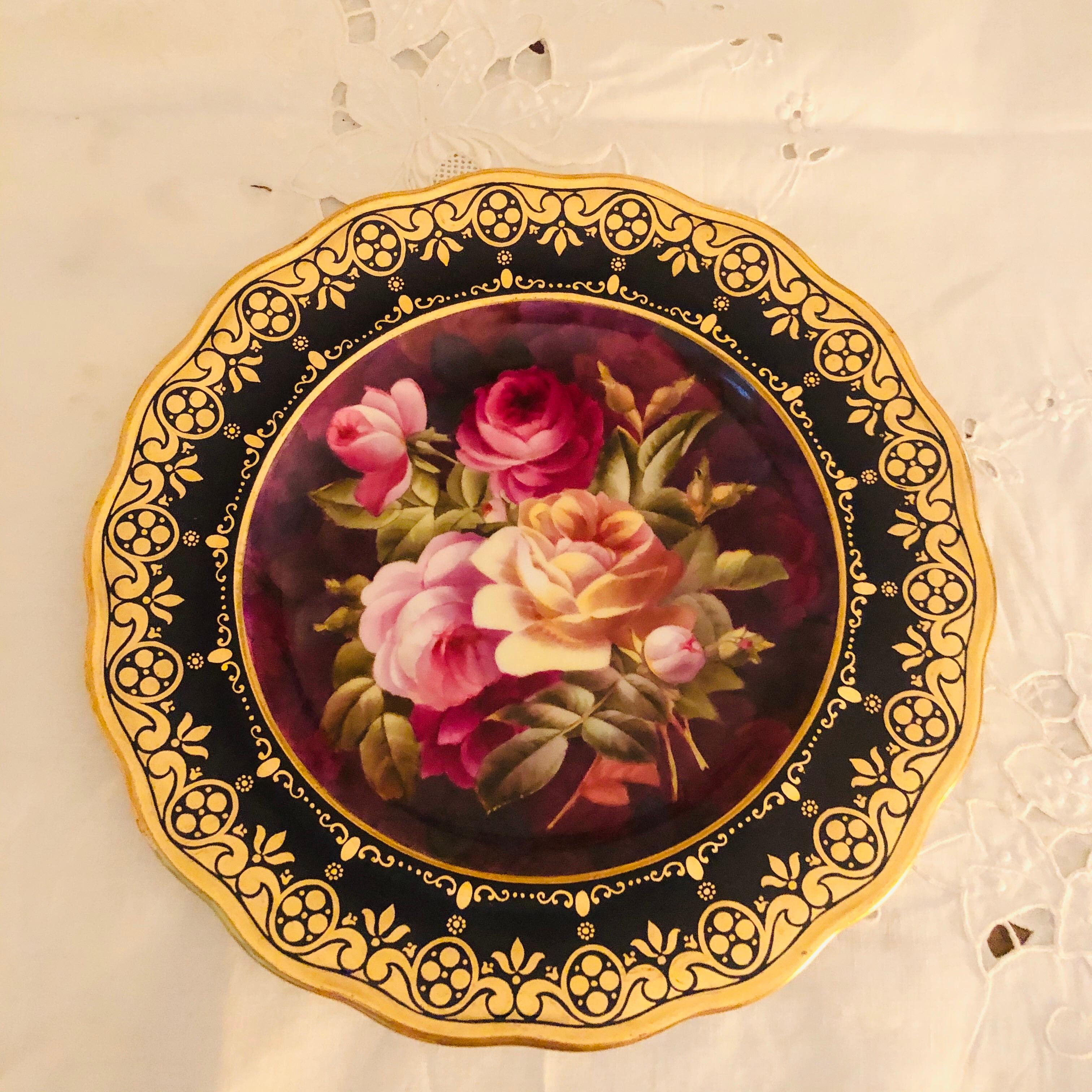 Rococo Twelve Exceptional Cobalt Cauldon Plates Each Painted with Different Roses For Sale
