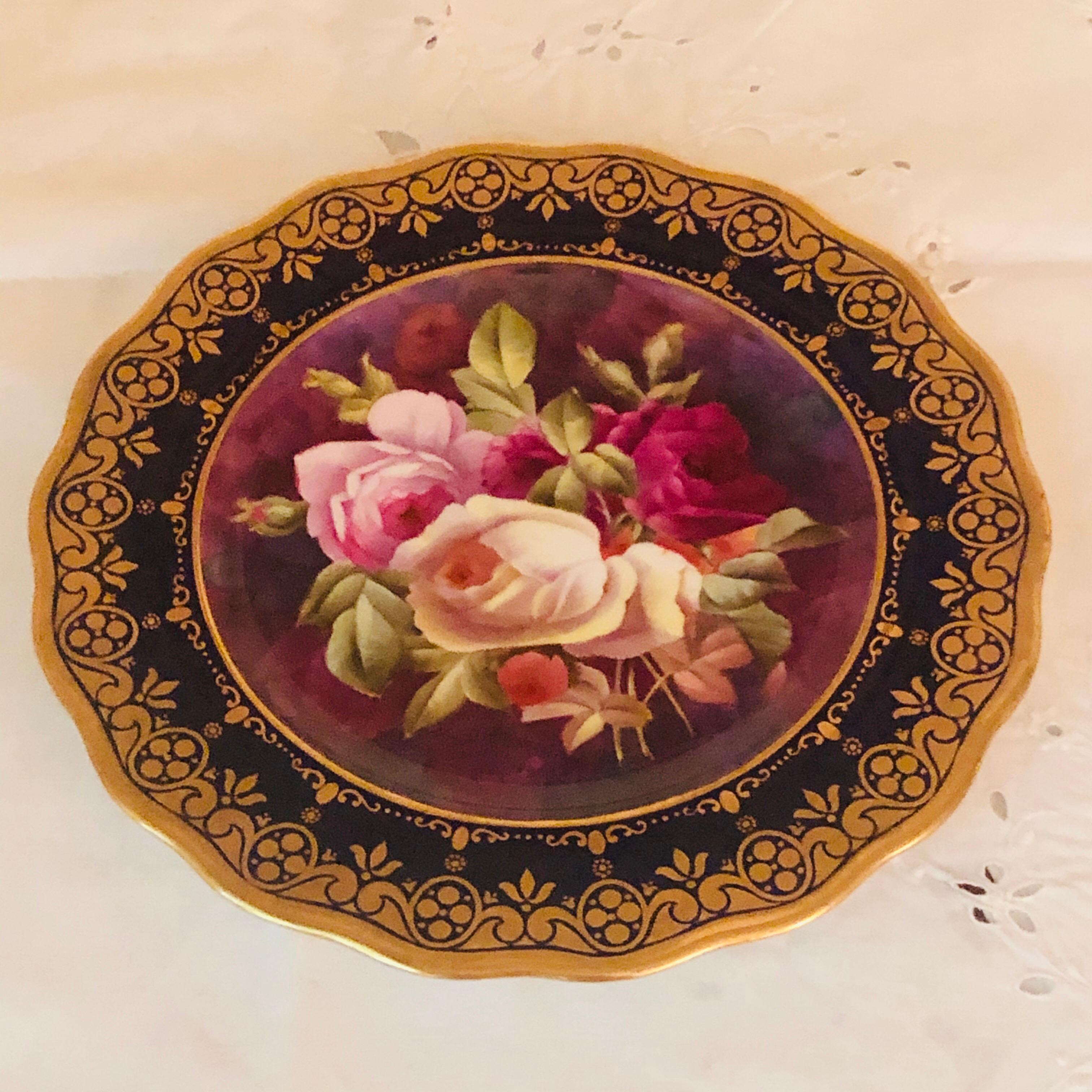 English Twelve Exceptional Cobalt Cauldon Plates Each Painted with Different Roses For Sale