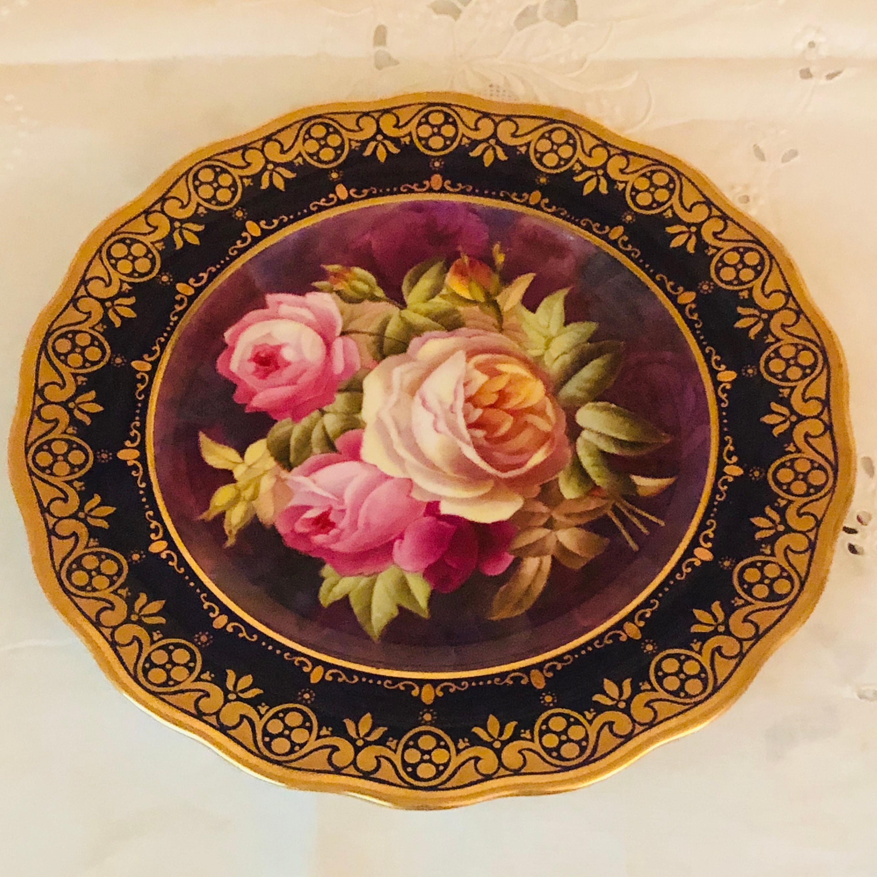 Hand-Painted Twelve Exceptional Cobalt Cauldon Plates Each Painted with Different Roses For Sale