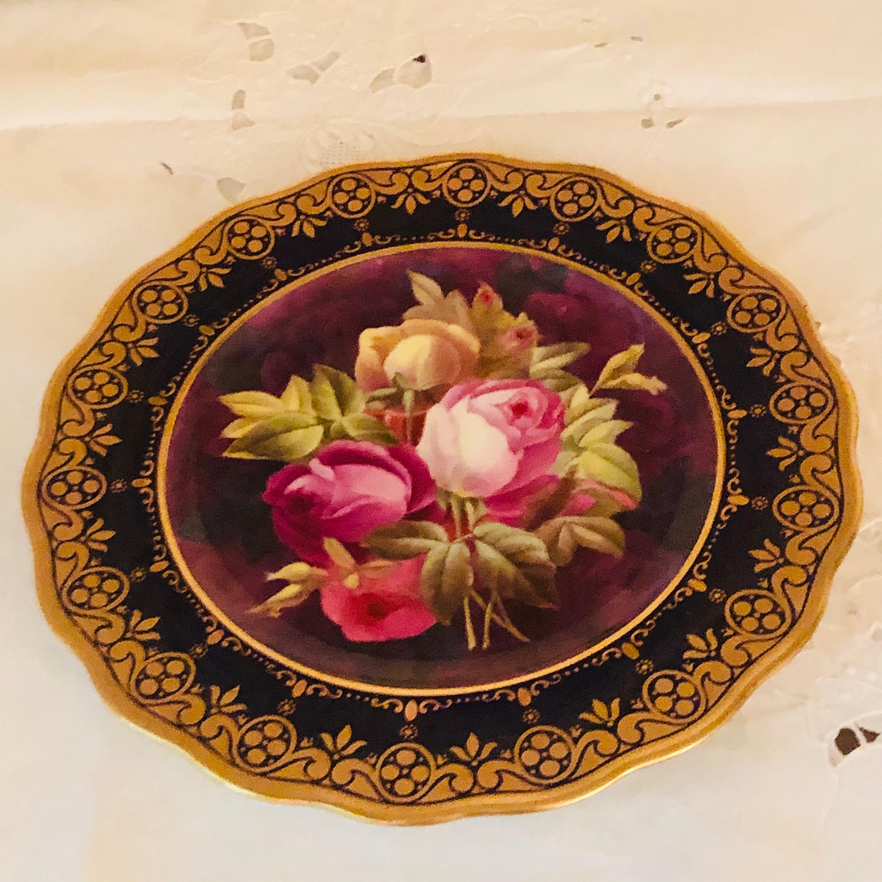Twelve Exceptional Cobalt Cauldon Plates Each Painted with Different Roses In Good Condition For Sale In Boston, MA