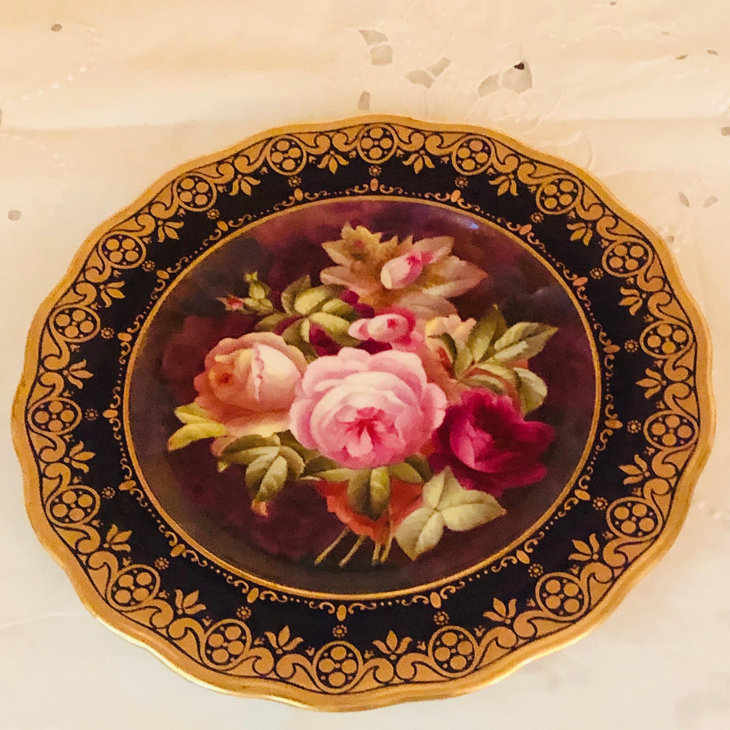20th Century Twelve Exceptional Cobalt Cauldon Plates Each Painted with Different Roses For Sale