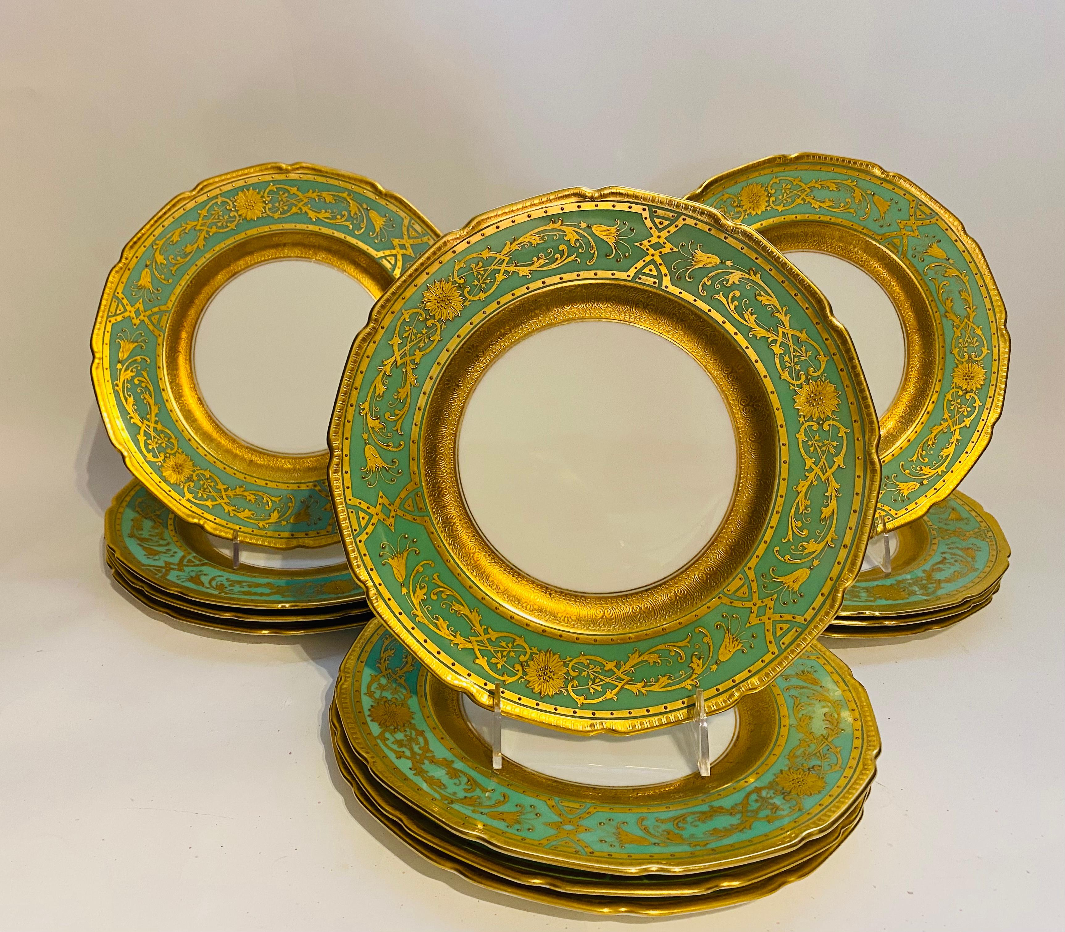 Edwardian Twelve Heavy Gold & Green Dinner Plates, Antique English Circa 1910