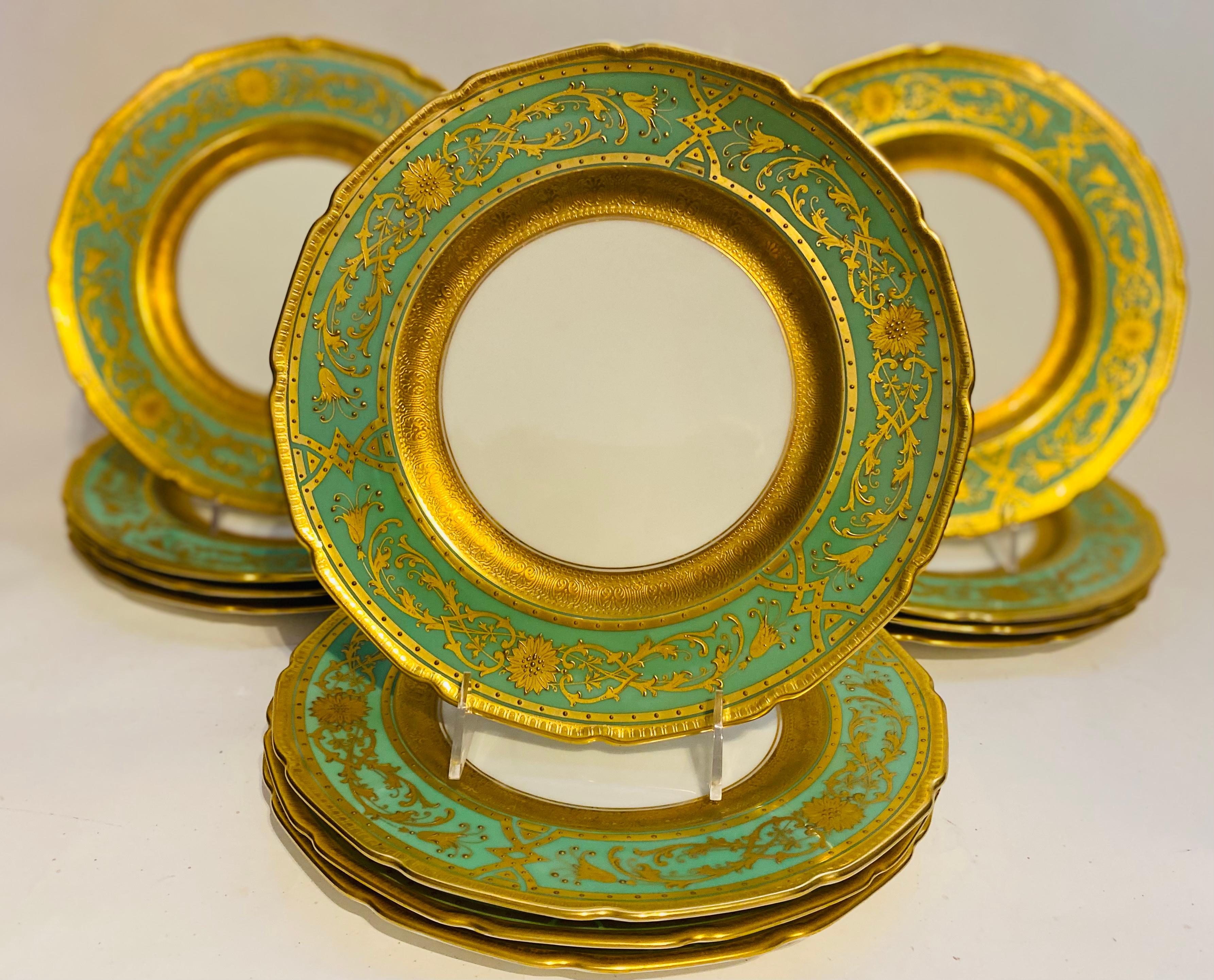Hand-Crafted Twelve Heavy Gold & Green Dinner Plates, Antique English Circa 1910