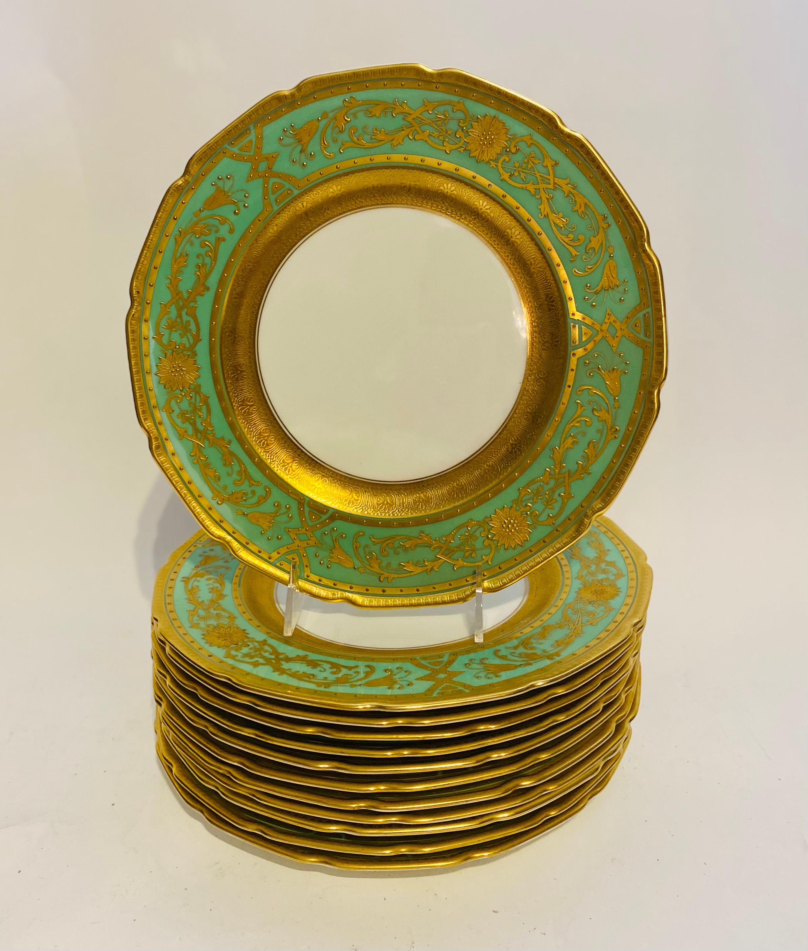 Early 20th Century Twelve Heavy Gold & Green Dinner Plates, Antique English Circa 1910