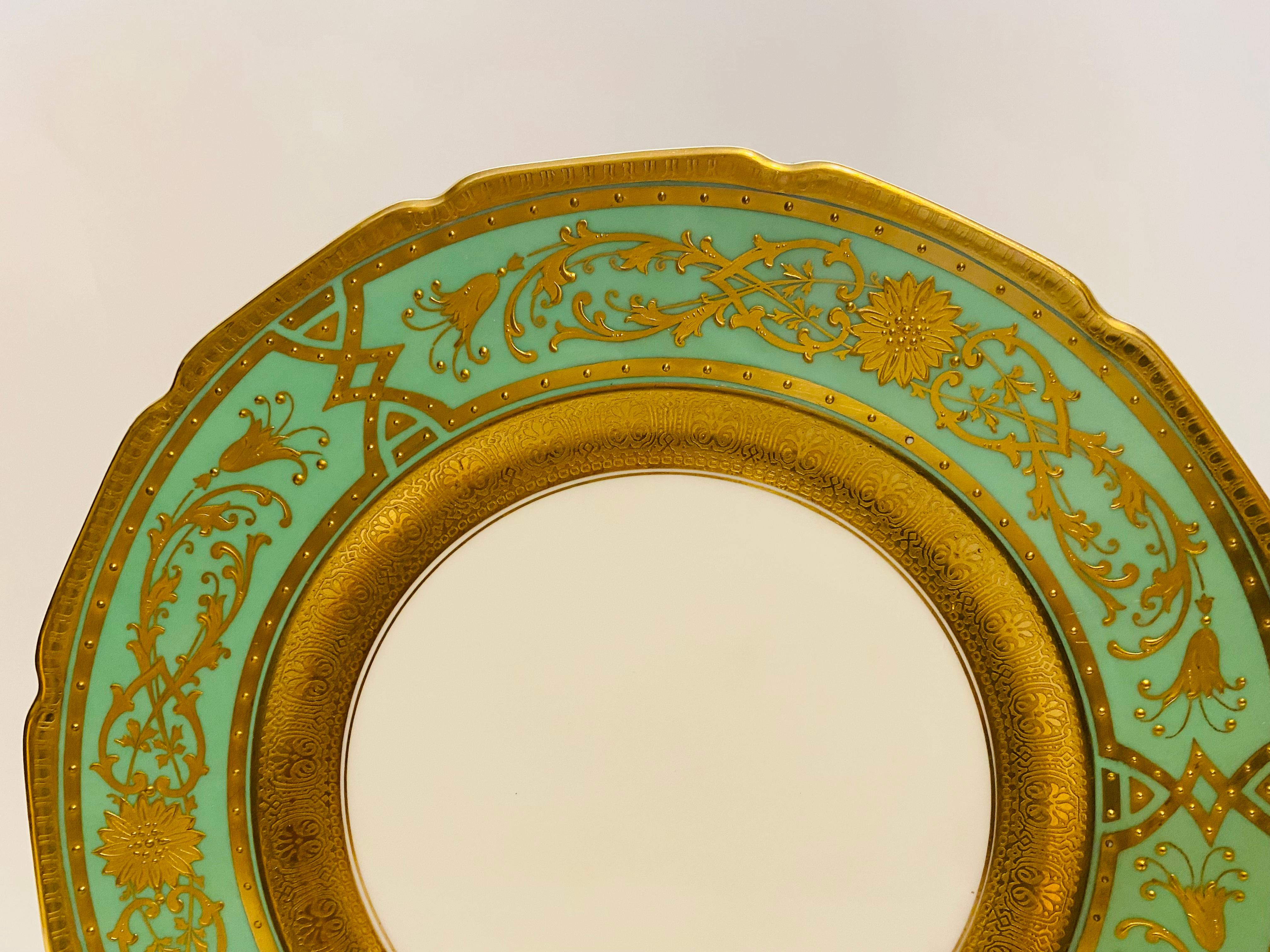 Twelve Heavy Gold & Green Dinner Plates, Antique English Circa 1910 1