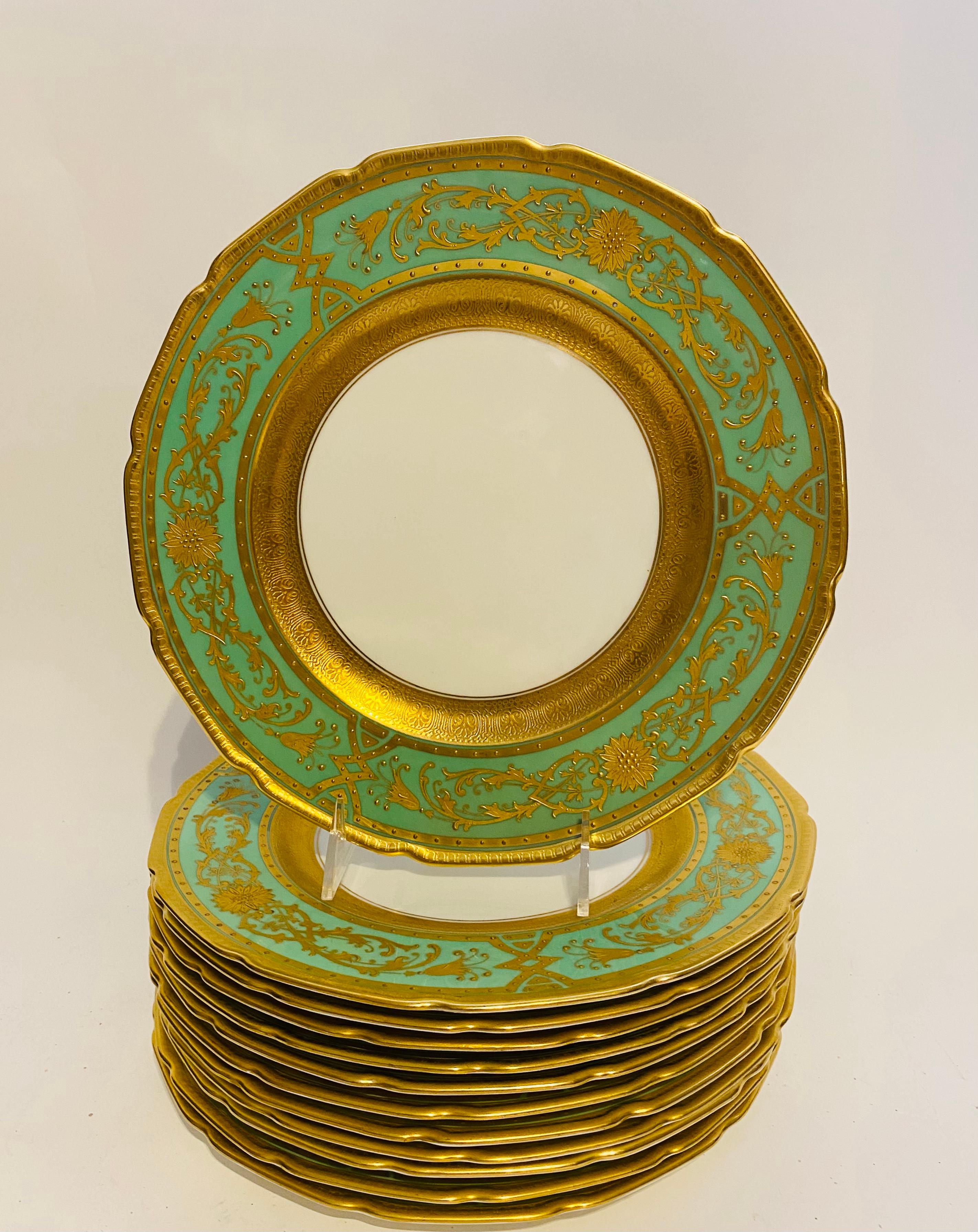 Twelve Heavy Gold & Green Dinner Plates, Antique English Circa 1910 2