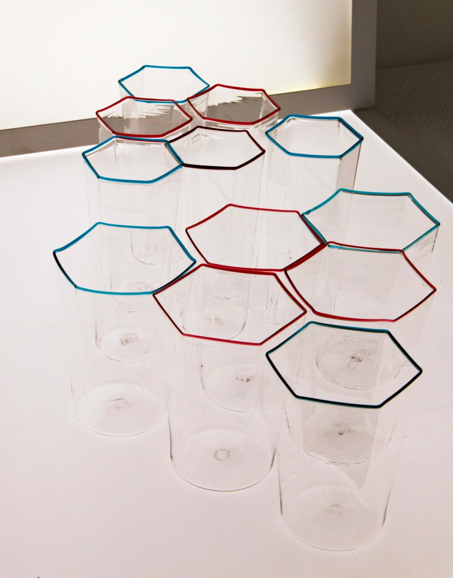 Twelve Hexagonal Clear Glasses, Ruby and Acqua Rim, Carlo Scarpa, 1932 Design 3