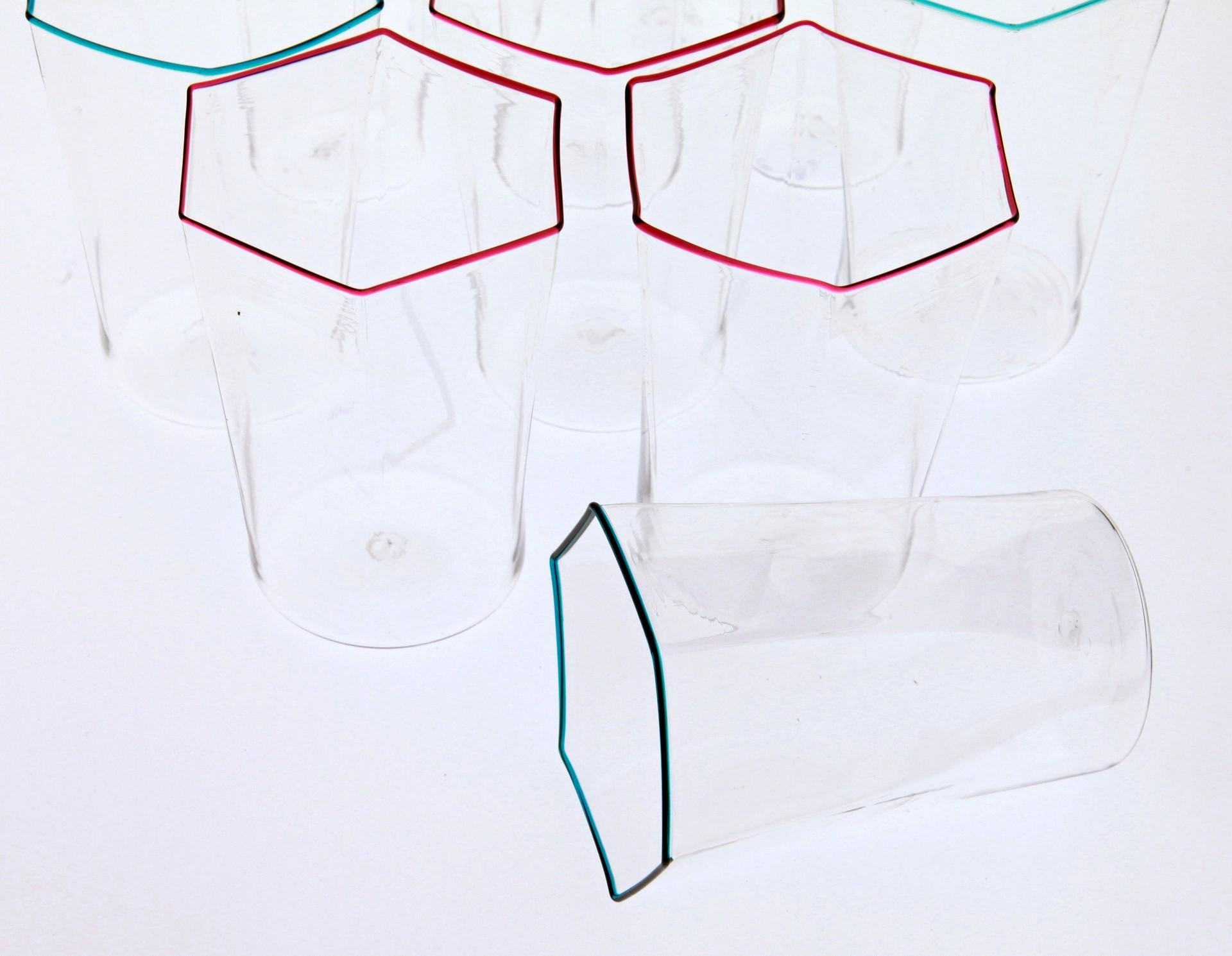 Twelve Hexagonal Clear Glasses, Ruby and Acqua Rim, Carlo Scarpa, 1932 Design 4