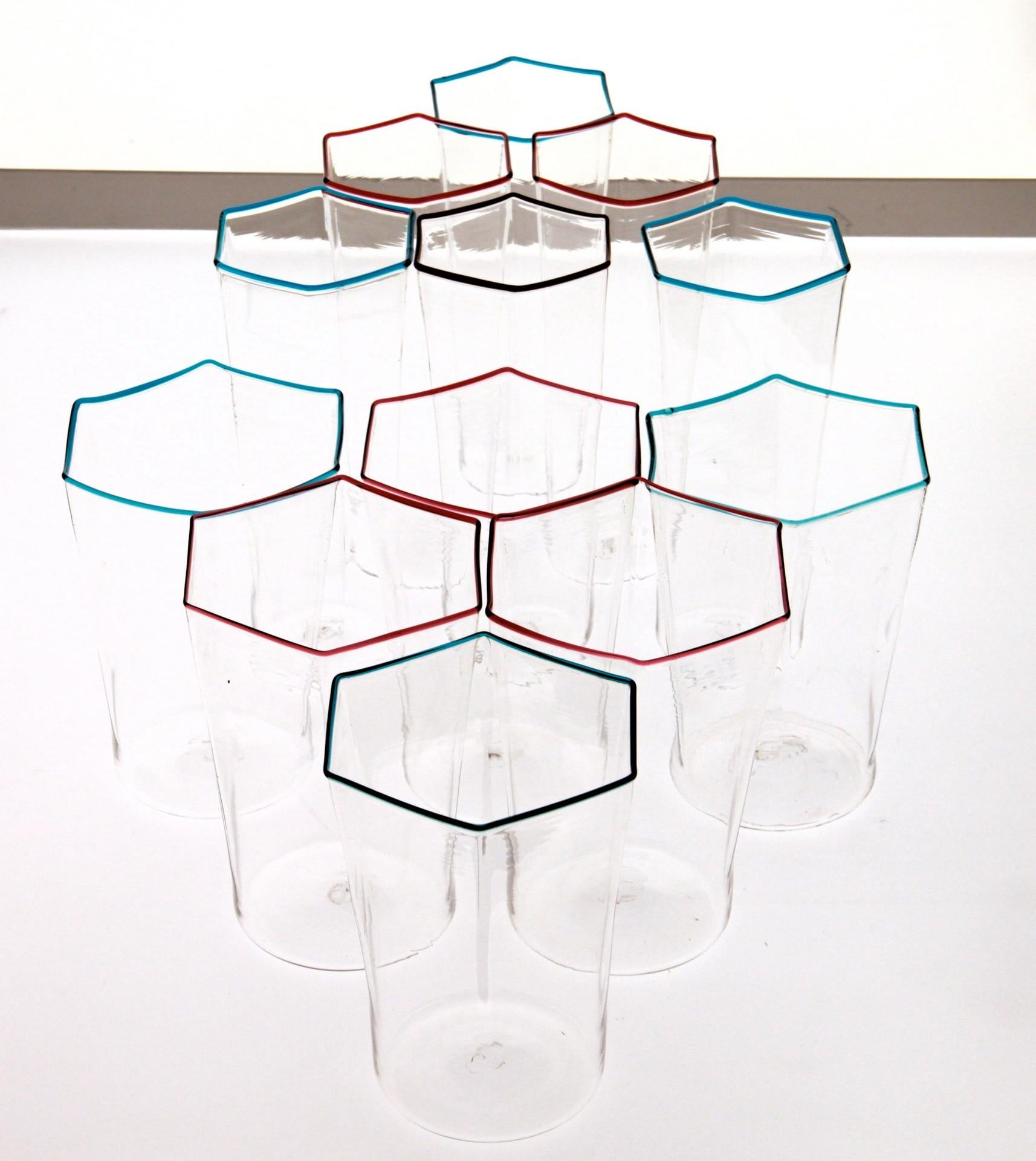Twelve Hexagonal Clear Glasses, Ruby and Acqua Rim, Carlo Scarpa, 1932 Design 6