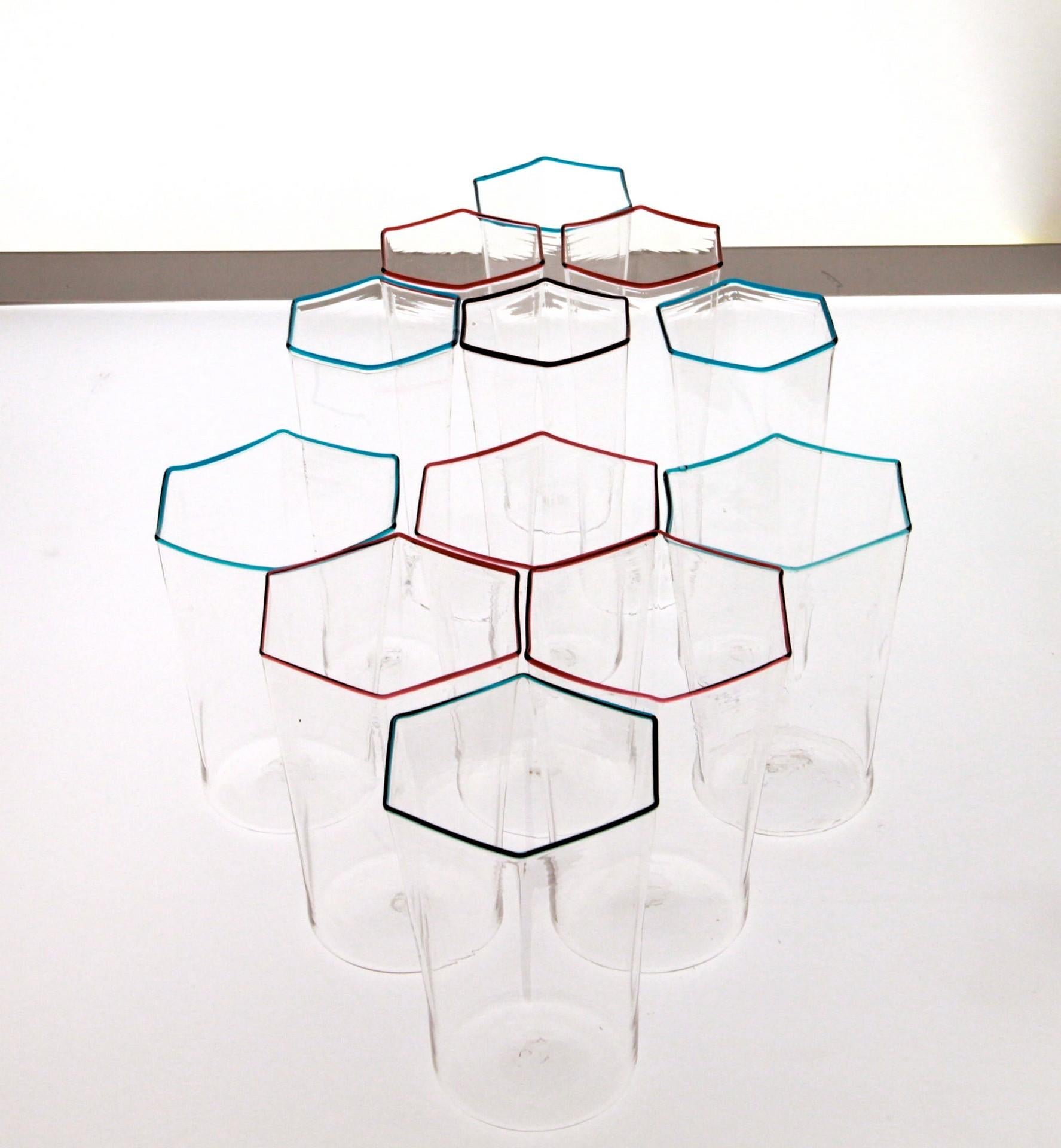 Twelve Hexagonal Clear Glasses, Ruby and Acqua Rim, Carlo Scarpa, 1932 Design 8
