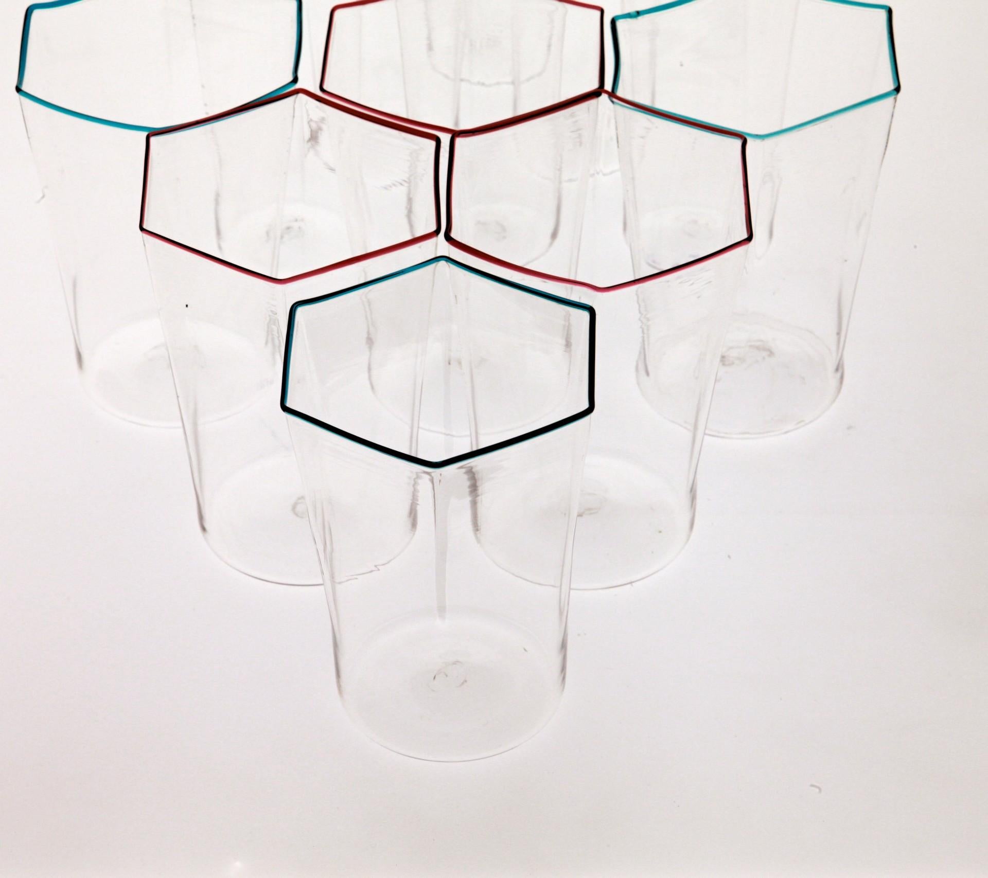 Twelve Hexagonal Clear Glasses, Ruby and Acqua Rim, Carlo Scarpa, 1932 Design 9