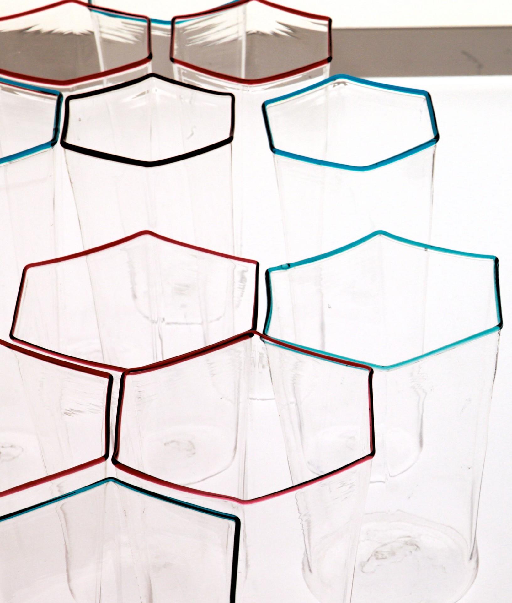 Twelve Hexagonal Clear Glasses, Ruby and Acqua Rim, Carlo Scarpa, 1932 Design 11