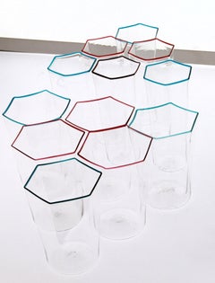 Twelve Hexagonal Clear Glasses, Ruby and Acqua Rim, Carlo Scarpa, 1932 Design