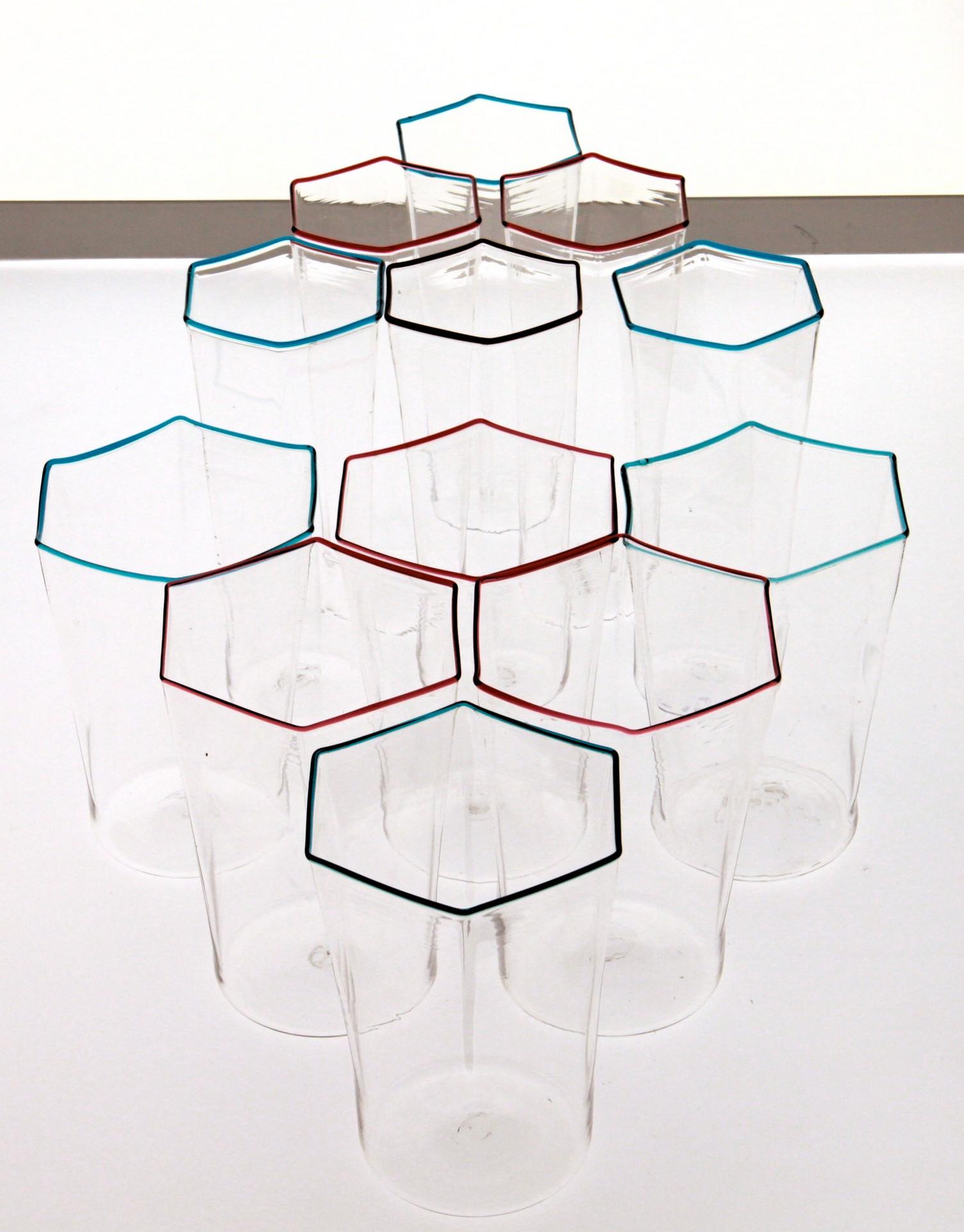 Twelve Hexagonal Clear Glasses, Ruby and Acqua Rim, Carlo Scarpa, 1932 Design In Good Condition In Tavarnelle val di Pesa, Florence