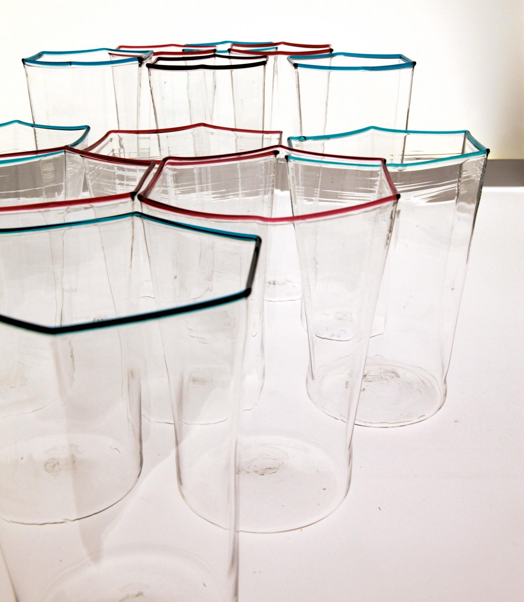 Art Glass Twelve Hexagonal Clear Glasses, Ruby and Acqua Rim, Carlo Scarpa, 1932 Design