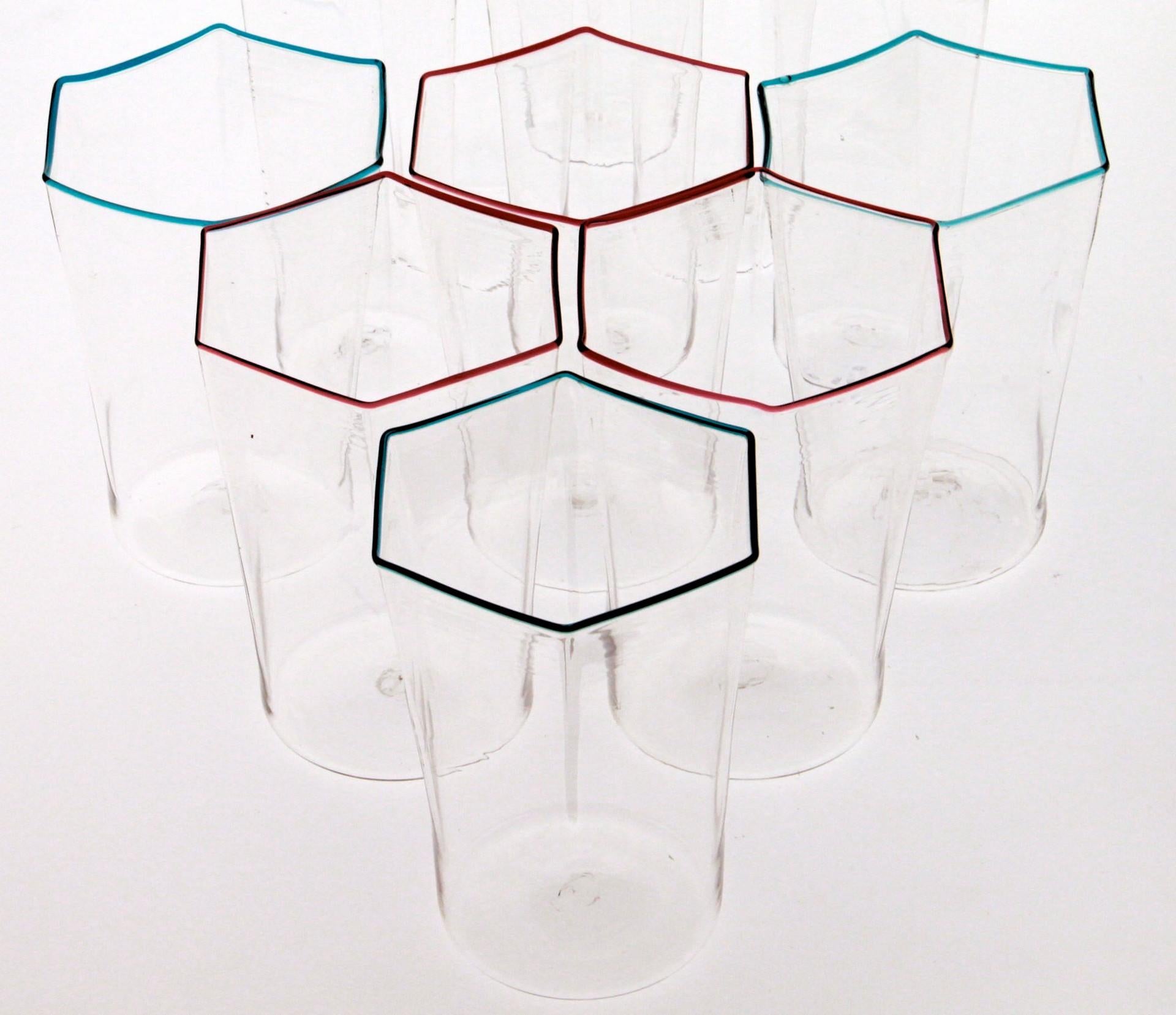 Twelve Hexagonal Clear Glasses, Ruby and Acqua Rim, Carlo Scarpa, 1932 Design 1