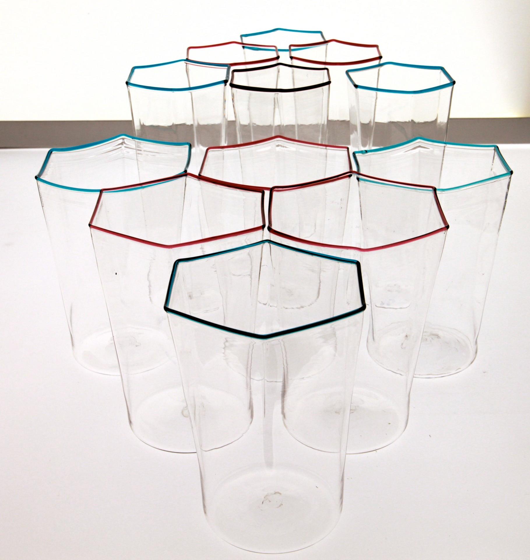 Twelve Hexagonal Clear Glasses, Ruby and Acqua Rim, Carlo Scarpa, 1932 Design 2