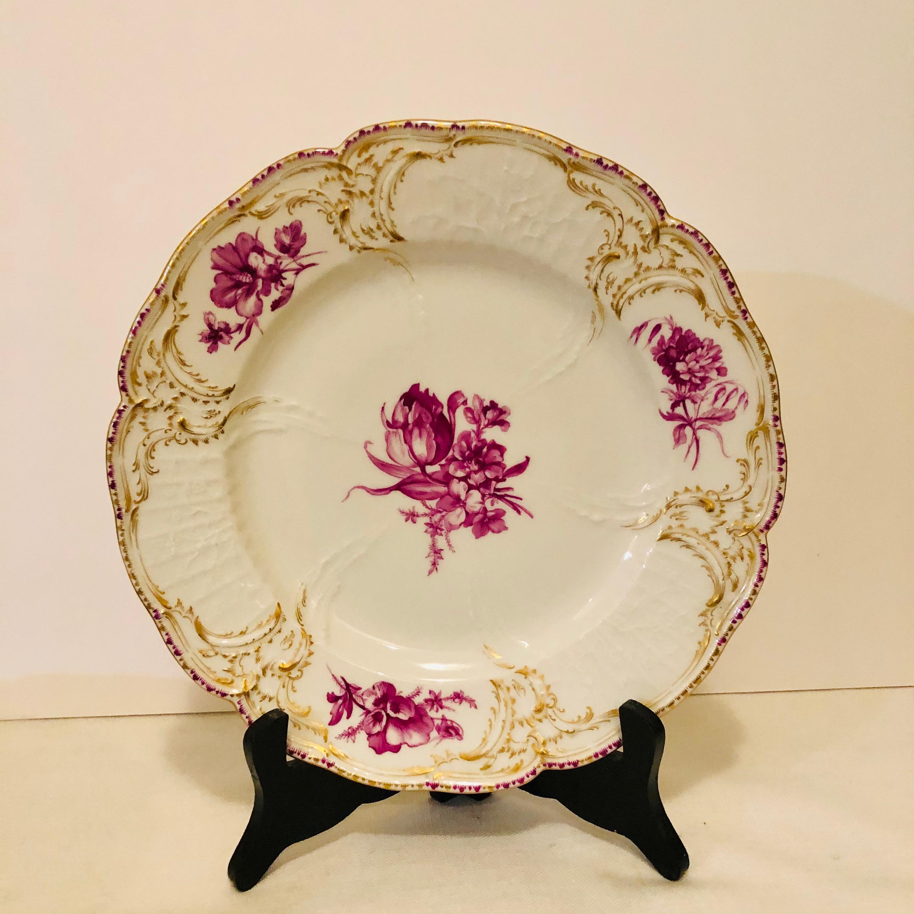 Twelve KPM Dinner Plates Each Painted with a Different Puce Flower Bouquet For Sale 2