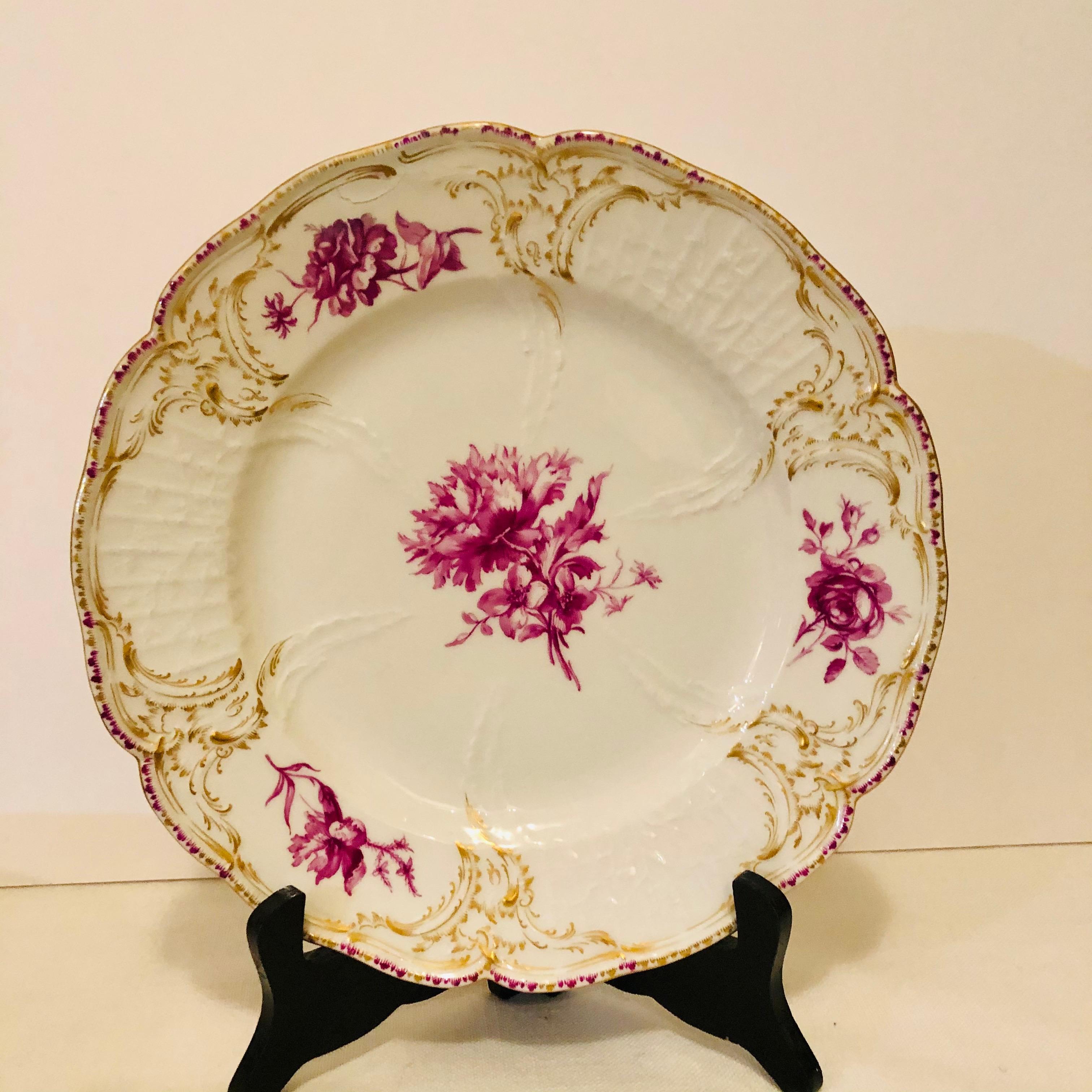 Twelve KPM Dinner Plates Each Painted with a Different Puce Flower Bouquet For Sale 3