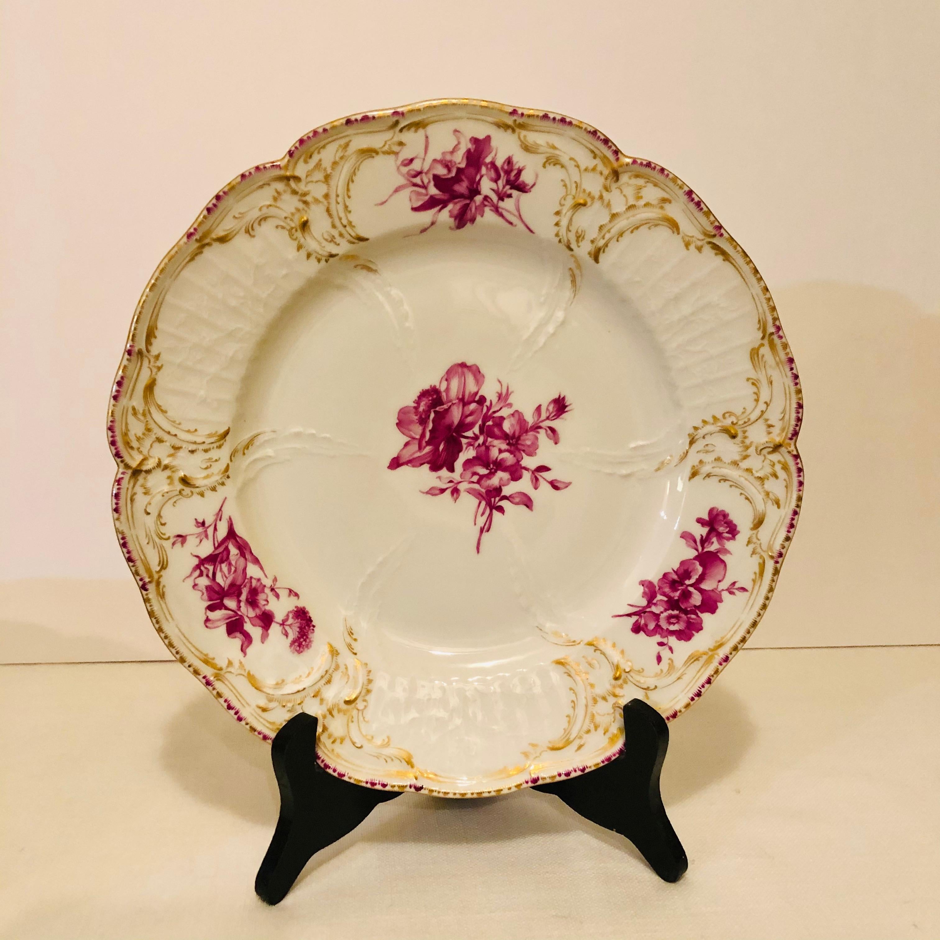 Twelve KPM Dinner Plates Each Painted with a Different Puce Flower Bouquet For Sale 5