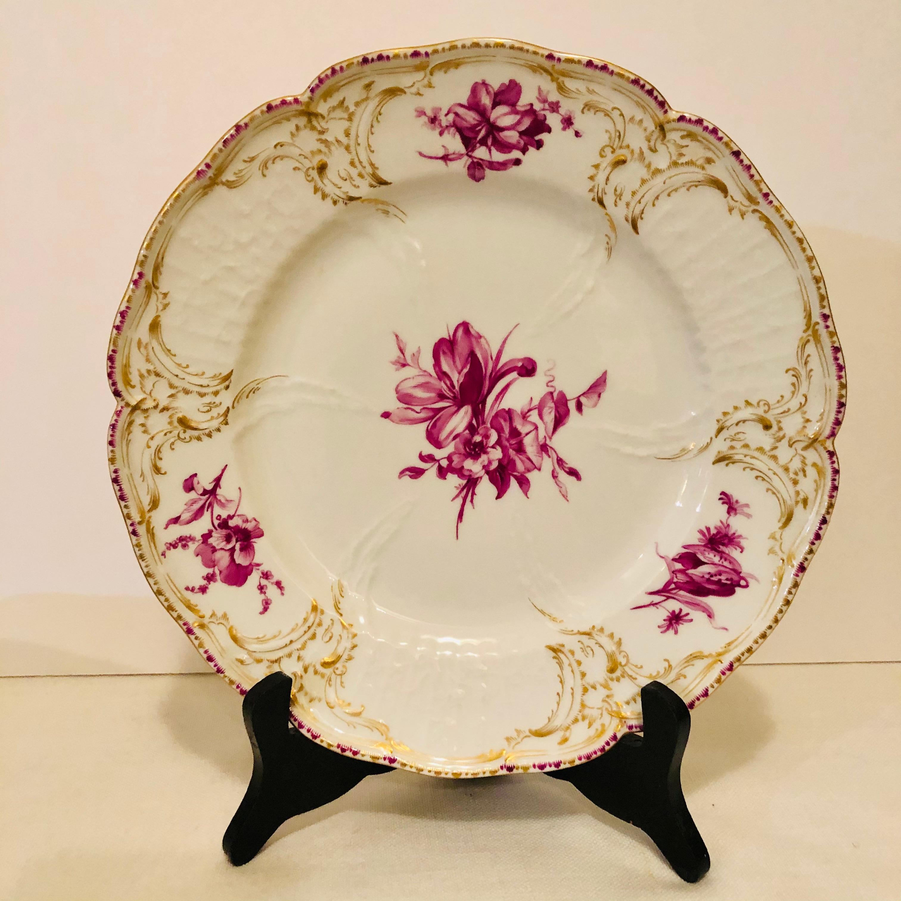 Twelve KPM Dinner Plates Each Painted with a Different Puce Flower Bouquet For Sale 6
