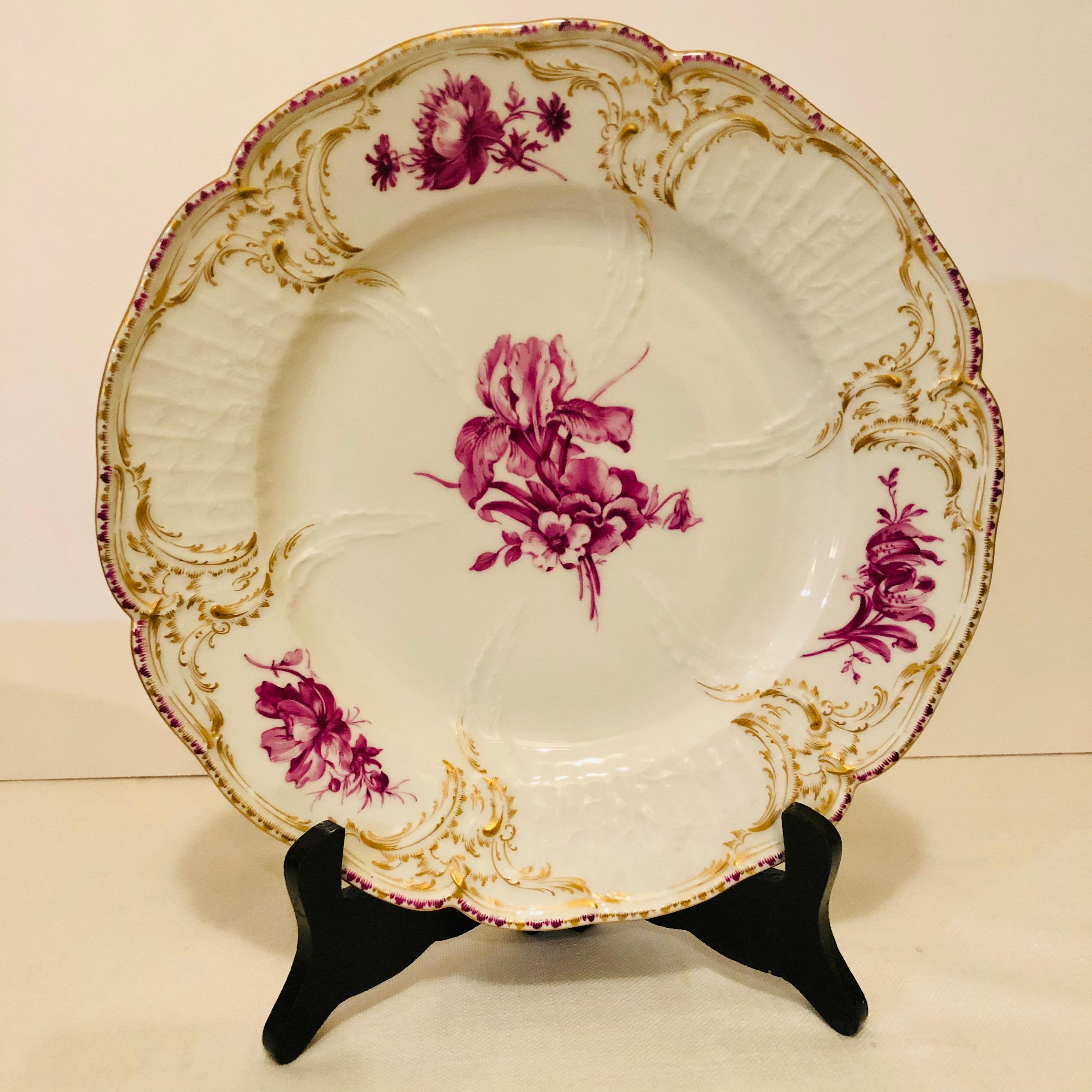 Twelve KPM Dinner Plates Each Painted with a Different Puce Flower Bouquet For Sale 7