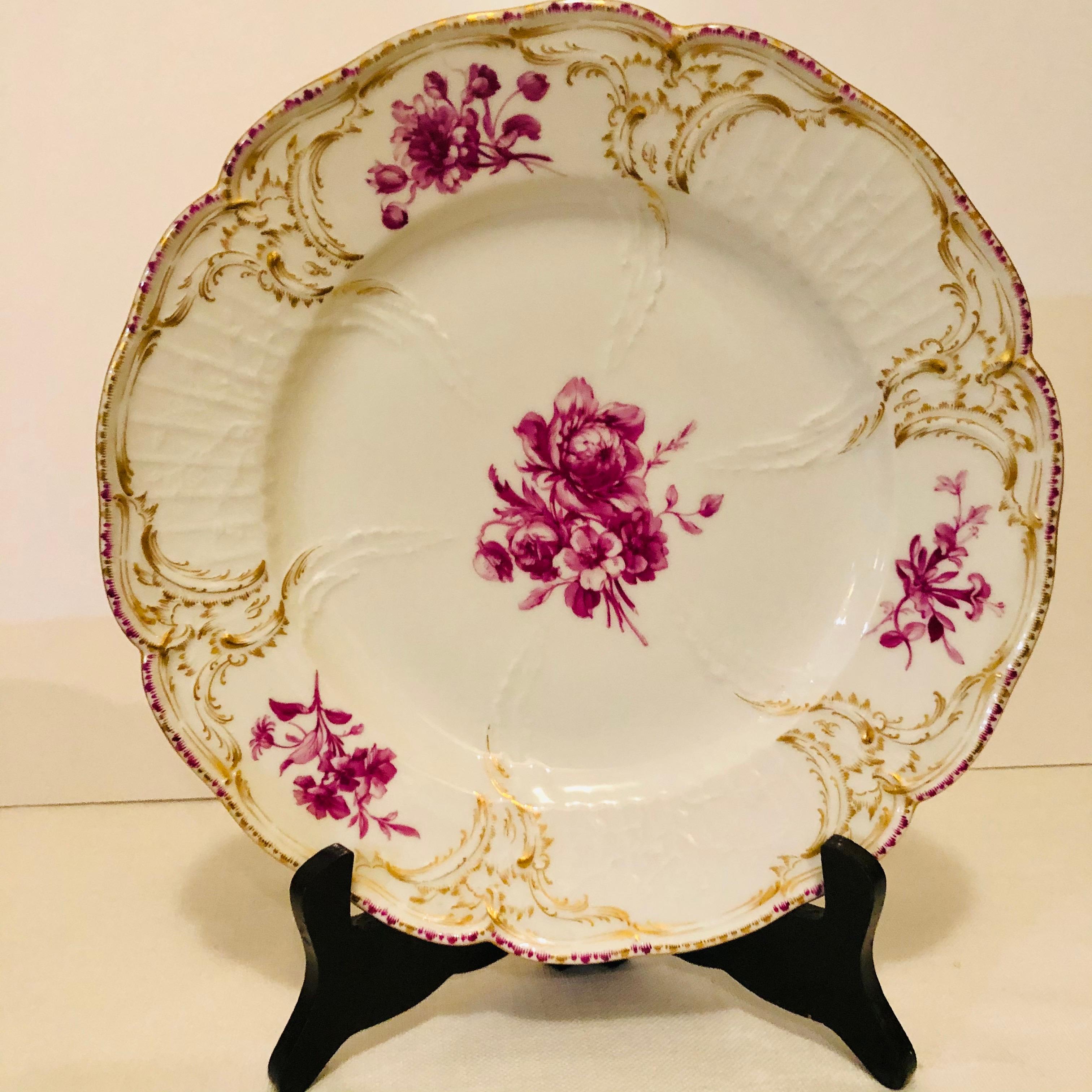 Twelve KPM Dinner Plates Each Painted with a Different Puce Flower Bouquet For Sale 8