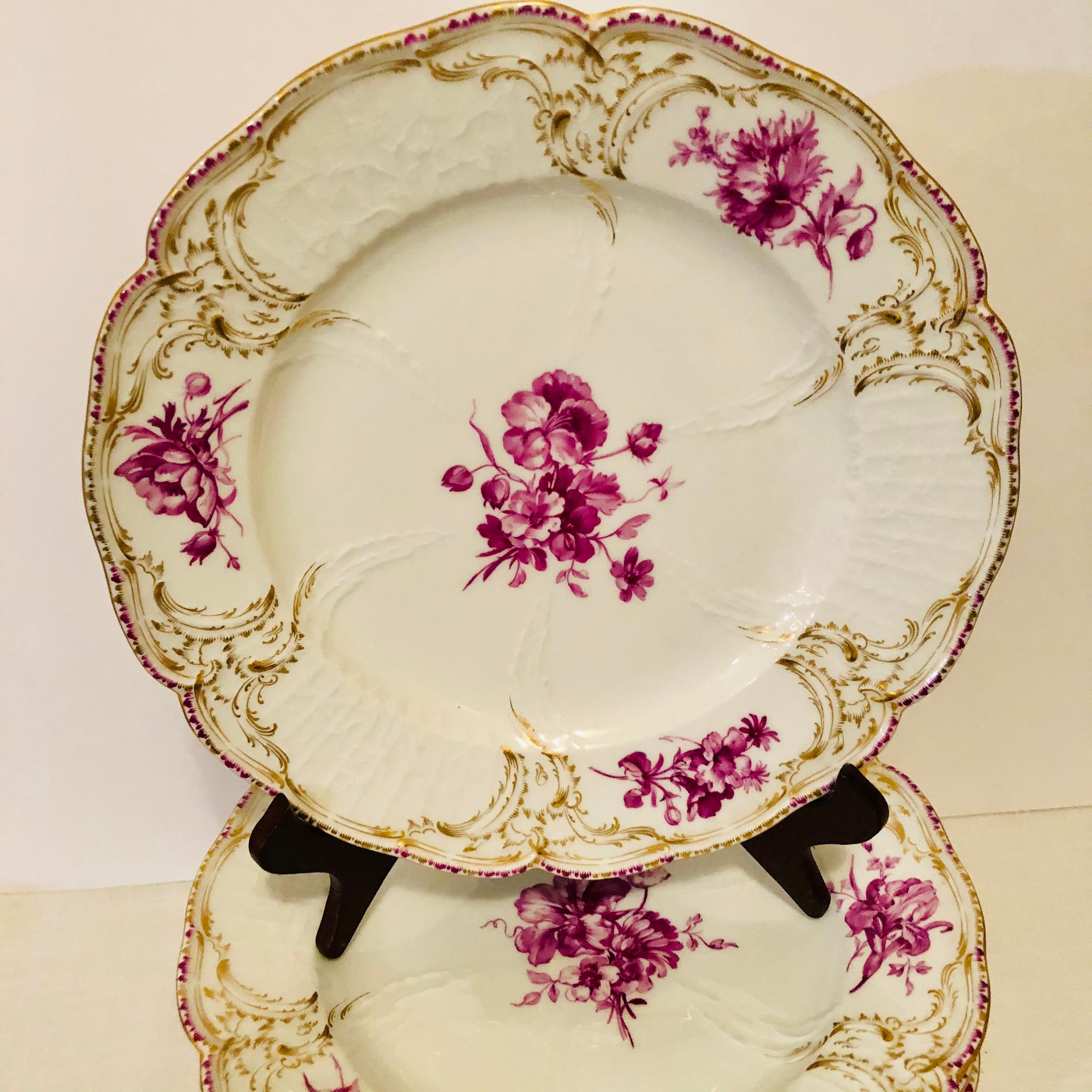 Rococo Twelve KPM Dinner Plates Each Painted with a Different Puce Flower Bouquet For Sale