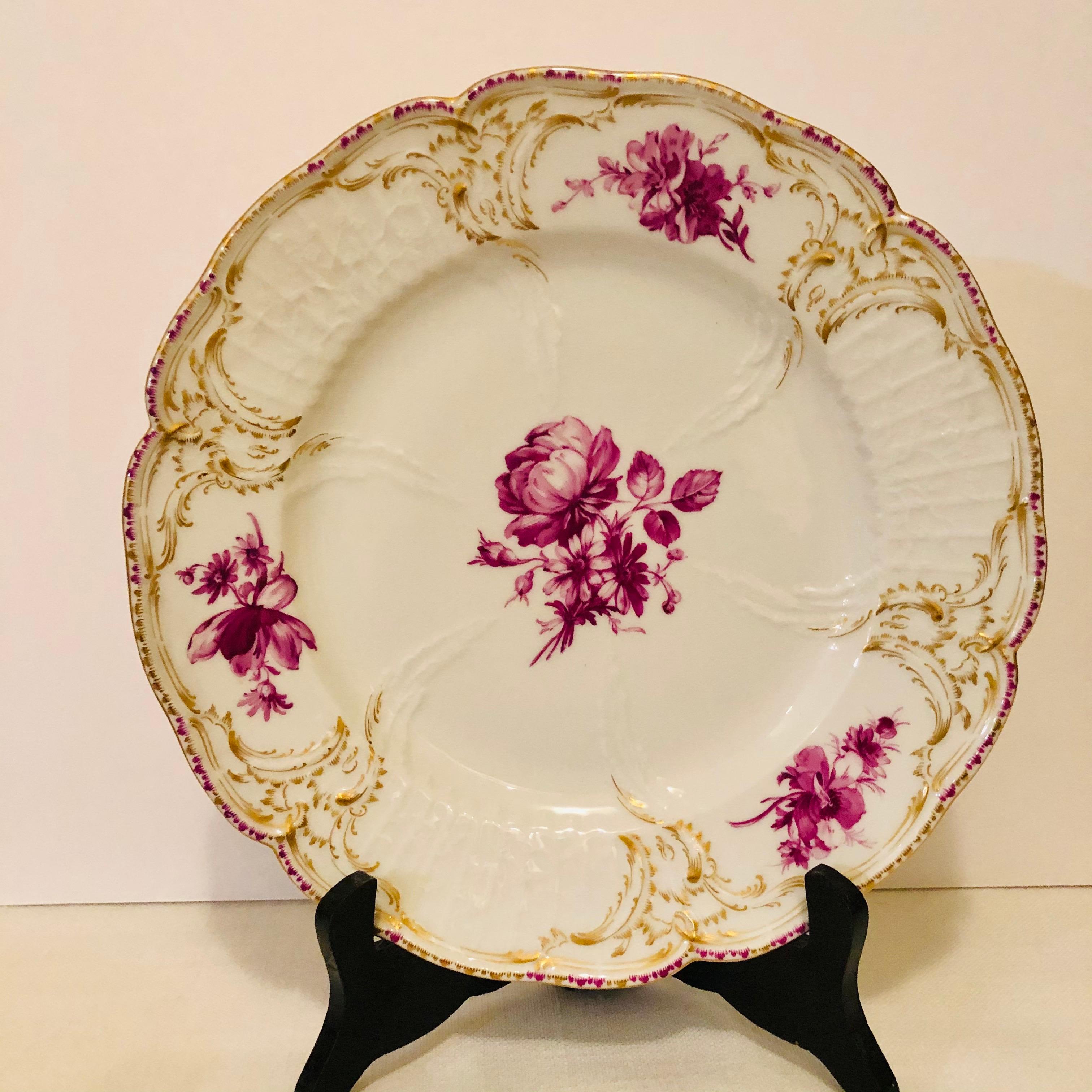 Hand-Painted Twelve KPM Dinner Plates Each Painted with a Different Puce Flower Bouquet For Sale