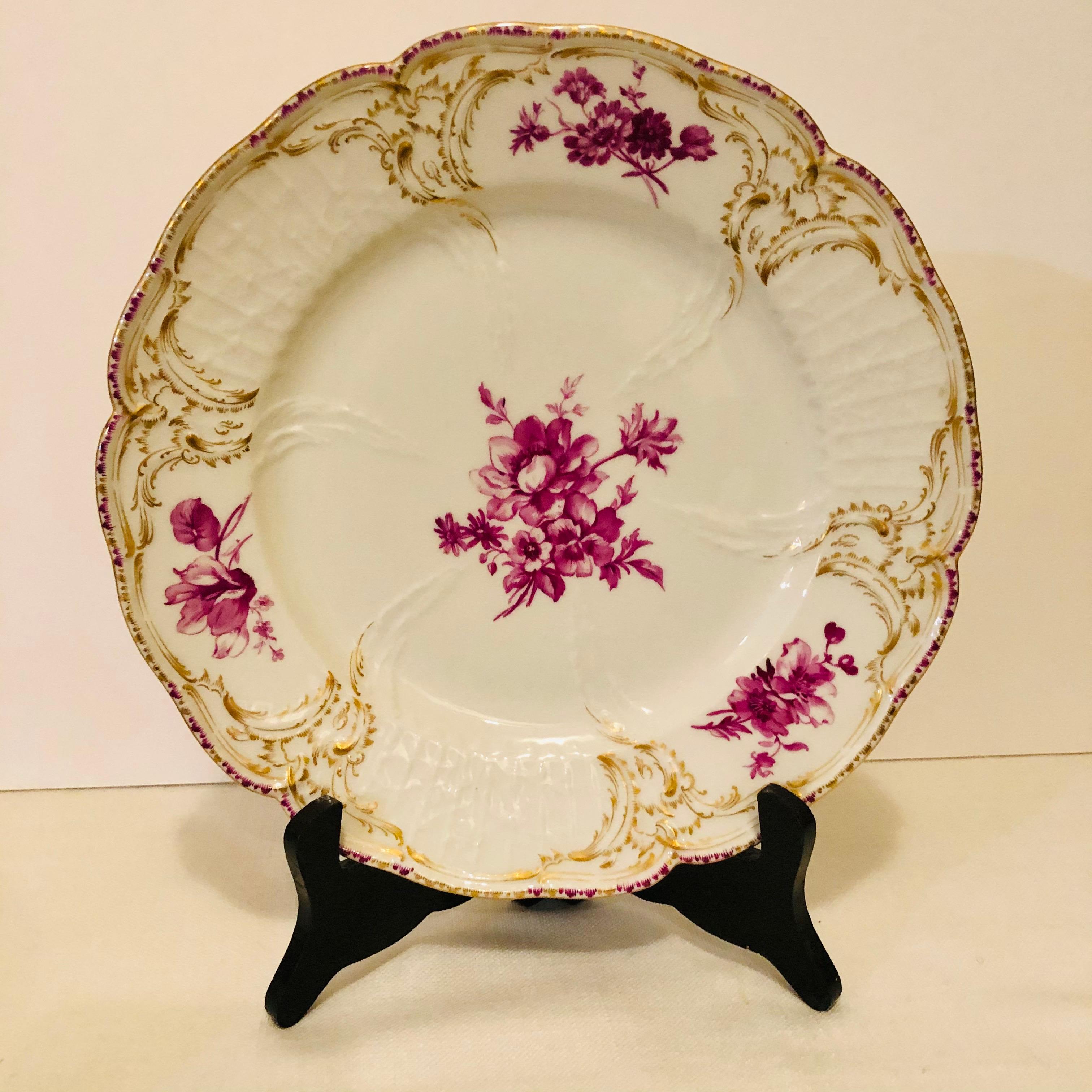 Twelve KPM Dinner Plates Each Painted with a Different Puce Flower Bouquet In Good Condition For Sale In Boston, MA